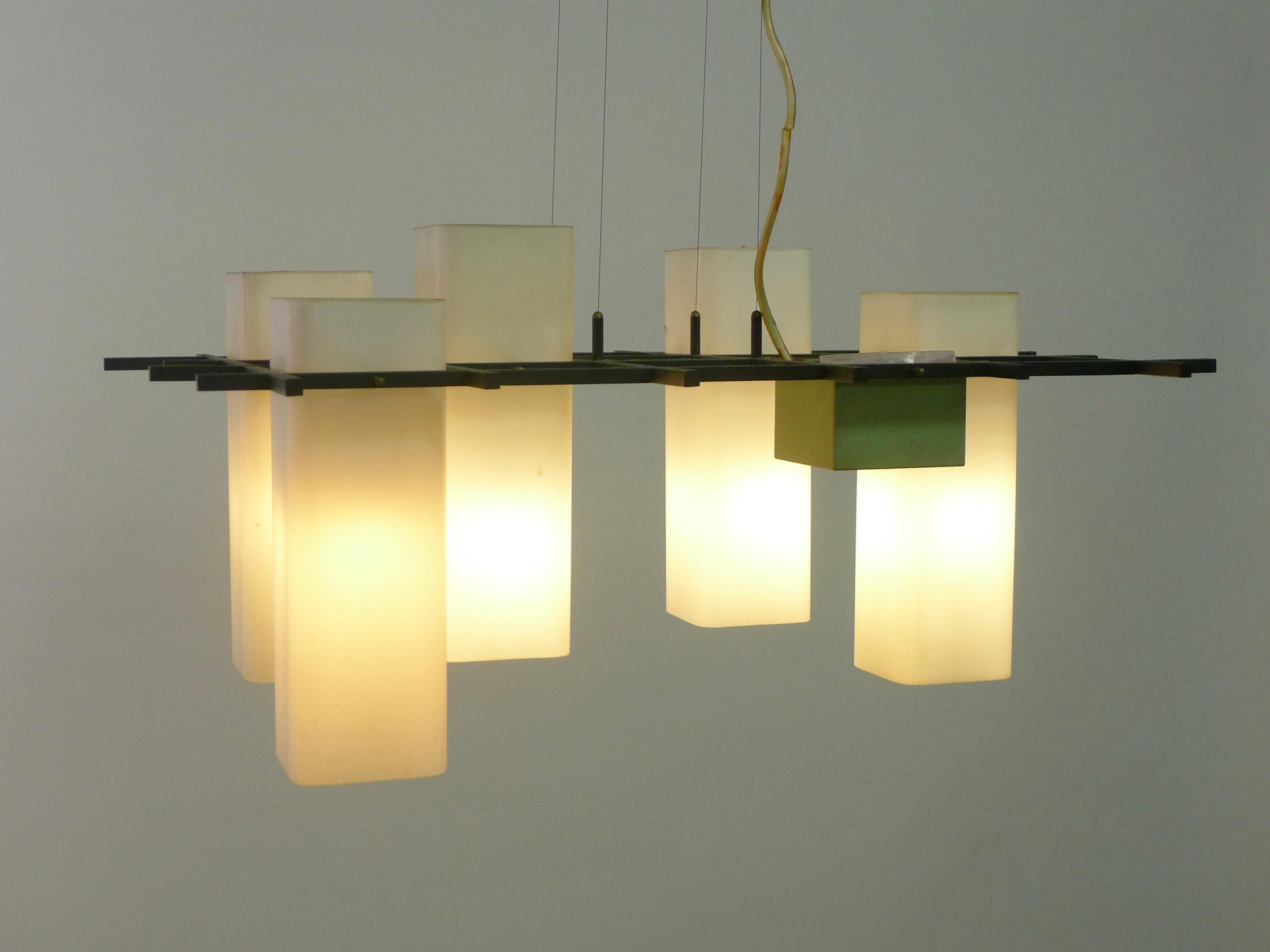 Rare five-light chandelier or pendant light designed circa 1958 by Angelo Lelii and manufactured by Arredoluce.  

This model is illustrated as # 212 in the Arredoluce catalogue raisonné.

Constructed as a black painted iron latticework frame into