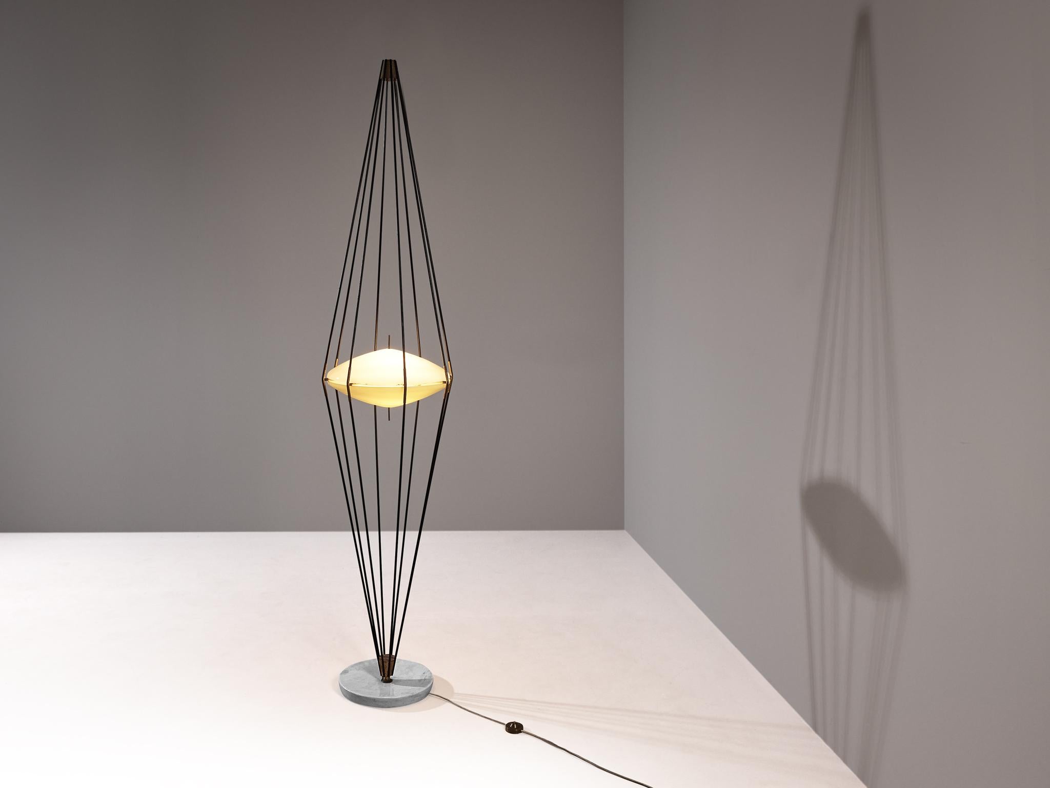 Angelo Lelli for Arredoluce, floor lamp 'Siluro', model '12628', Carrara marble, coated steel, brass, plexiglass, Italy, circa 1957

This floor lamp, designed by Angelo Lelii for Arredoluce in Italy around 1957, is a true masterpiece of Italian