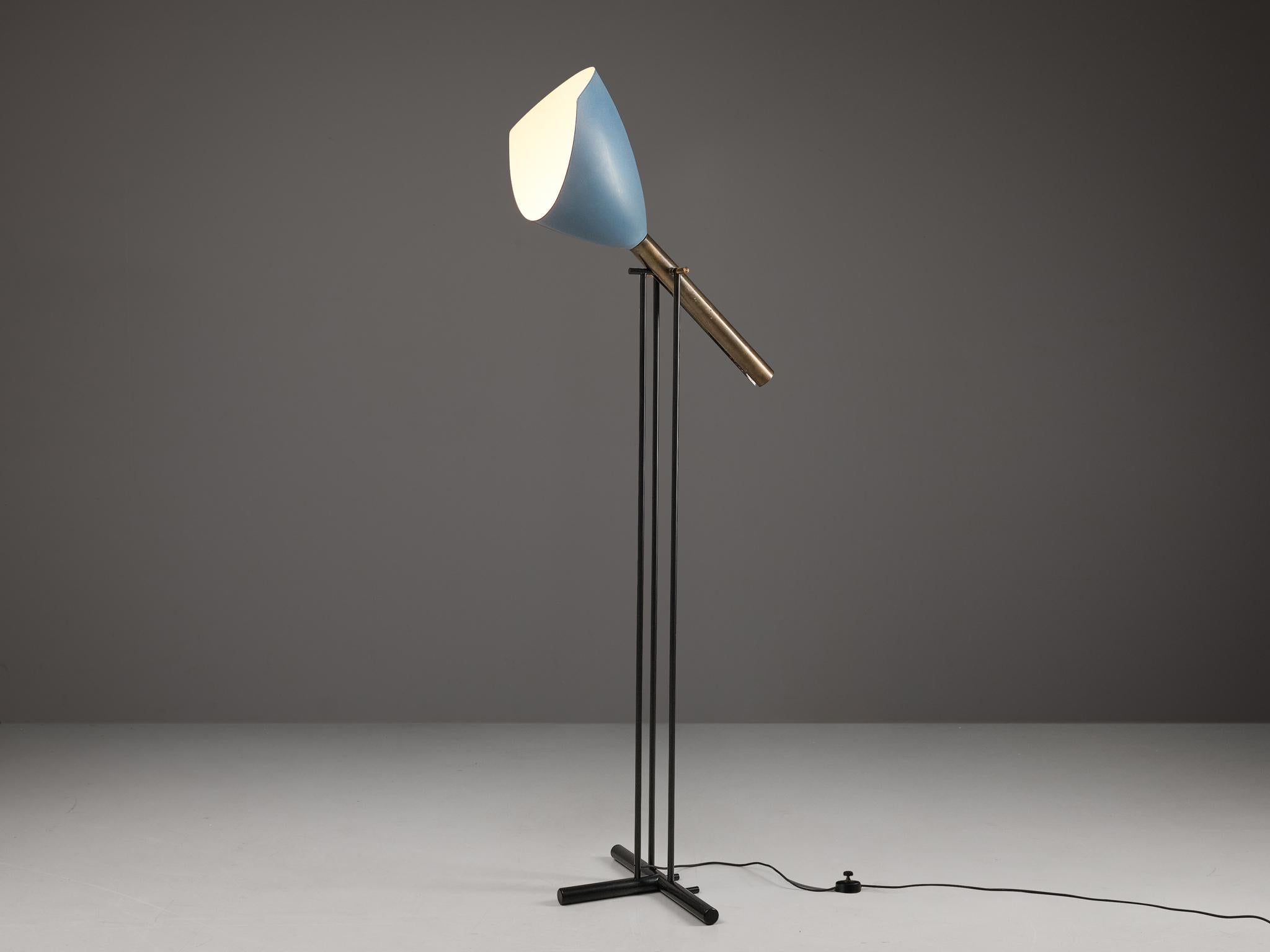 Angelo Lelii for Arredoluce, floor lamp ‘Televisione’, model 12627, polished brass, lacquered aluminum, coated steel, Italy, circa 956 

This ‘Televisione’ floor lamp model 12627 is designed by Angelo Lelii for Arredoluce. The construction