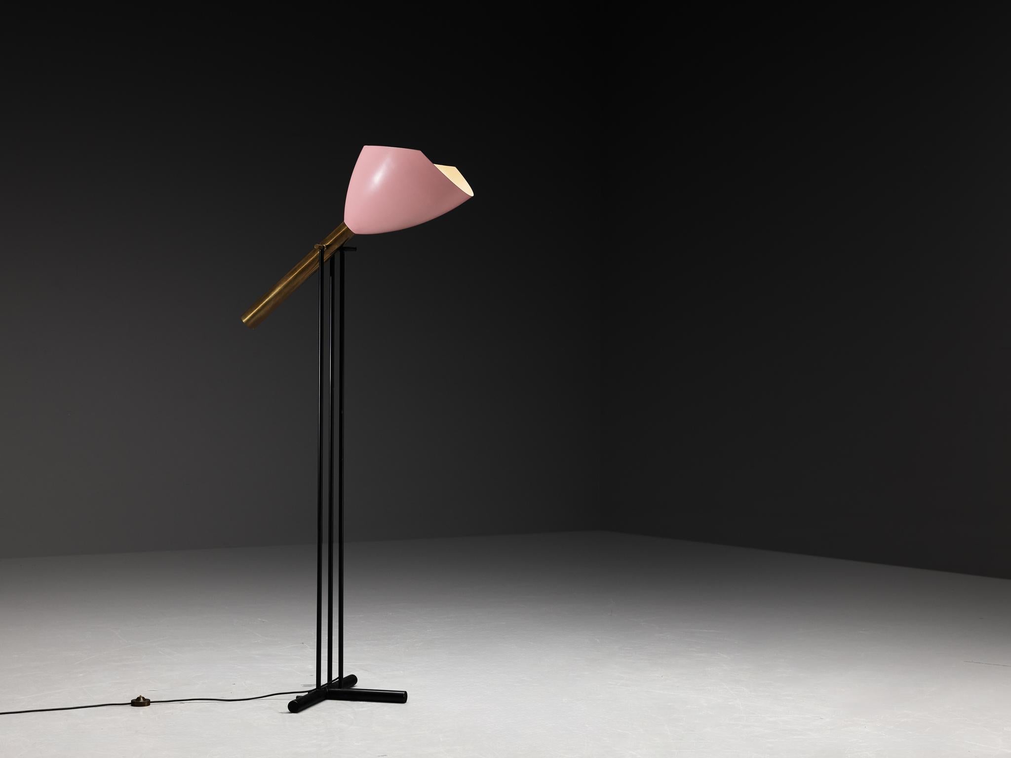 Angelo Lelii for Arredoluce, floor lamp ‘Televisione’, model '12627', polished brass, lacquered aluminum, lacquered metal, Italy, circa 1956 

This 'Televisione' floor lamp, designed by Angelo Lelii for Arredoluce in Italy around 1956, is a true