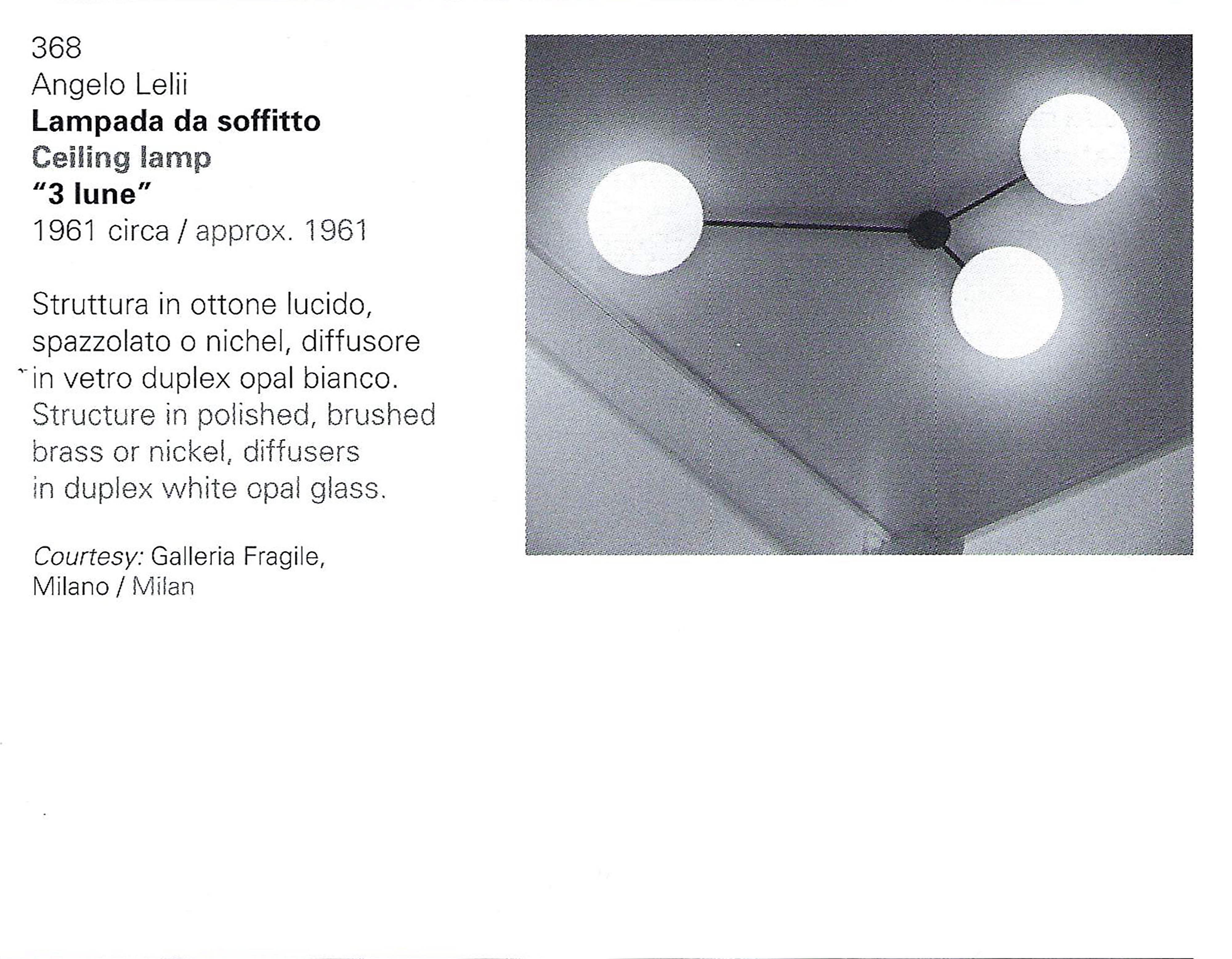 Frosted Angelo Lelii for Arredoluce Tre Lune Ceiling Light, Italy, 1960s For Sale