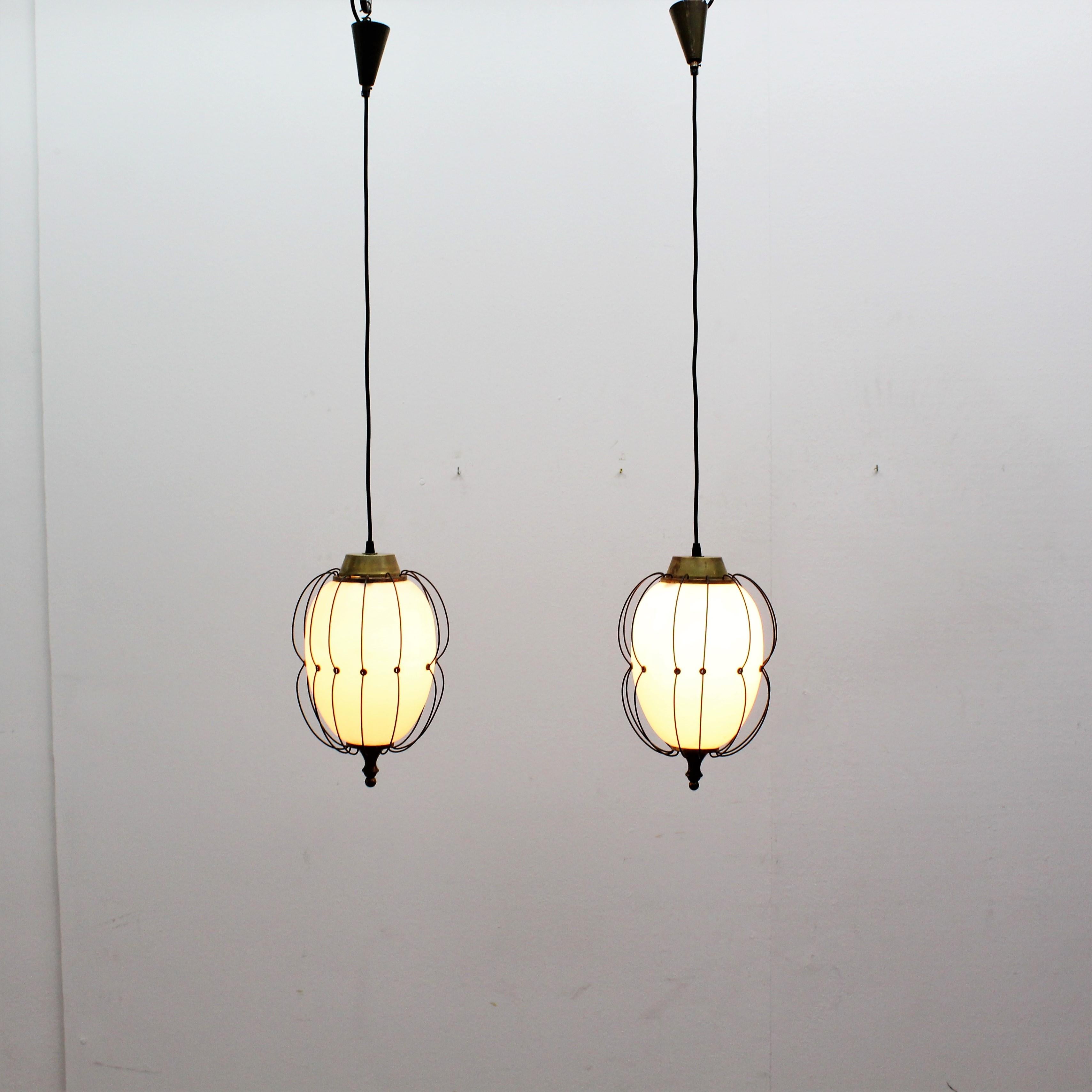Angelo Lelii for Midcentury Brass and White Opaline Glass Chandelier 1960s Italy 8