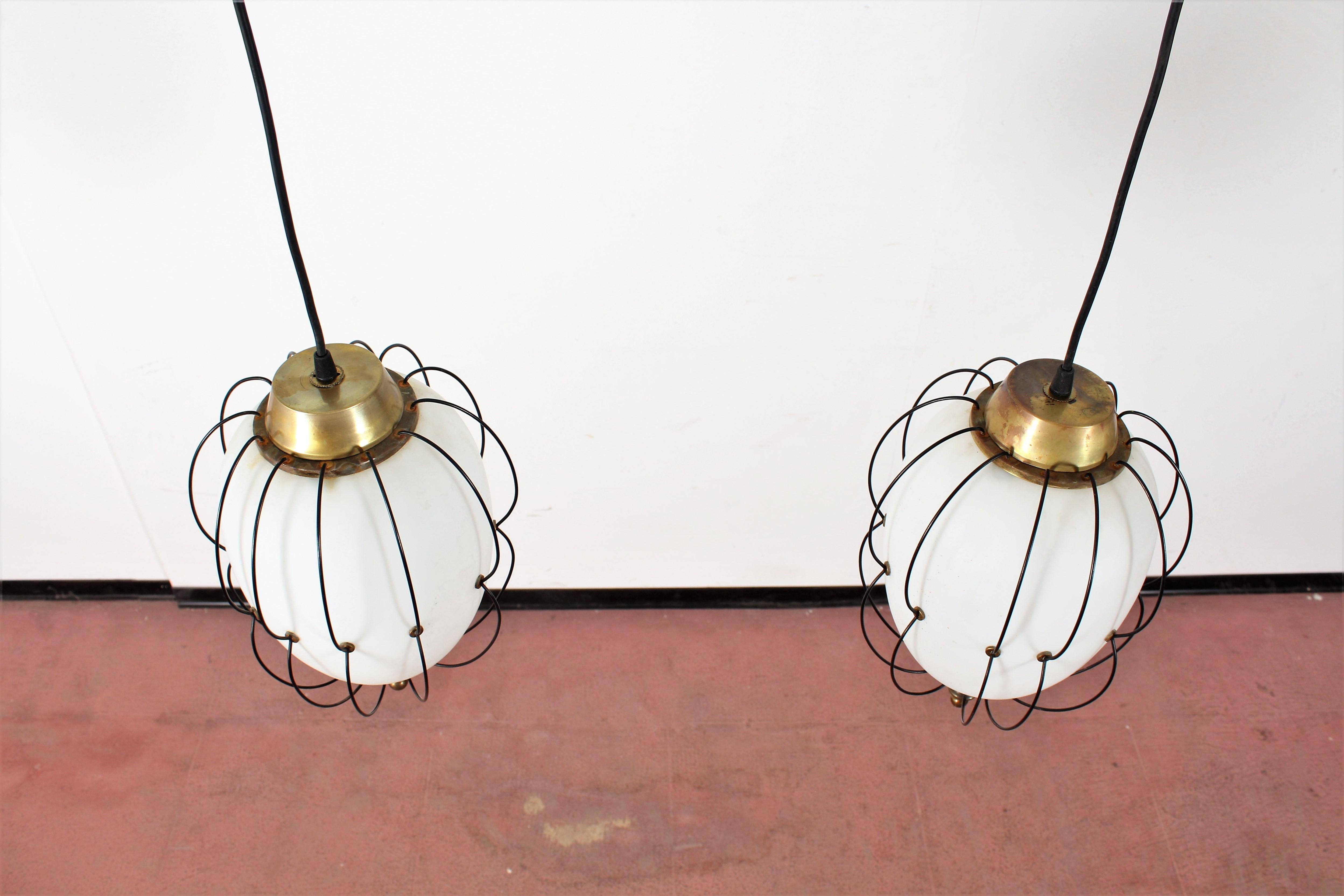 Angelo Lelii for Midcentury Brass and White Opaline Glass Chandelier 1960s Italy 1