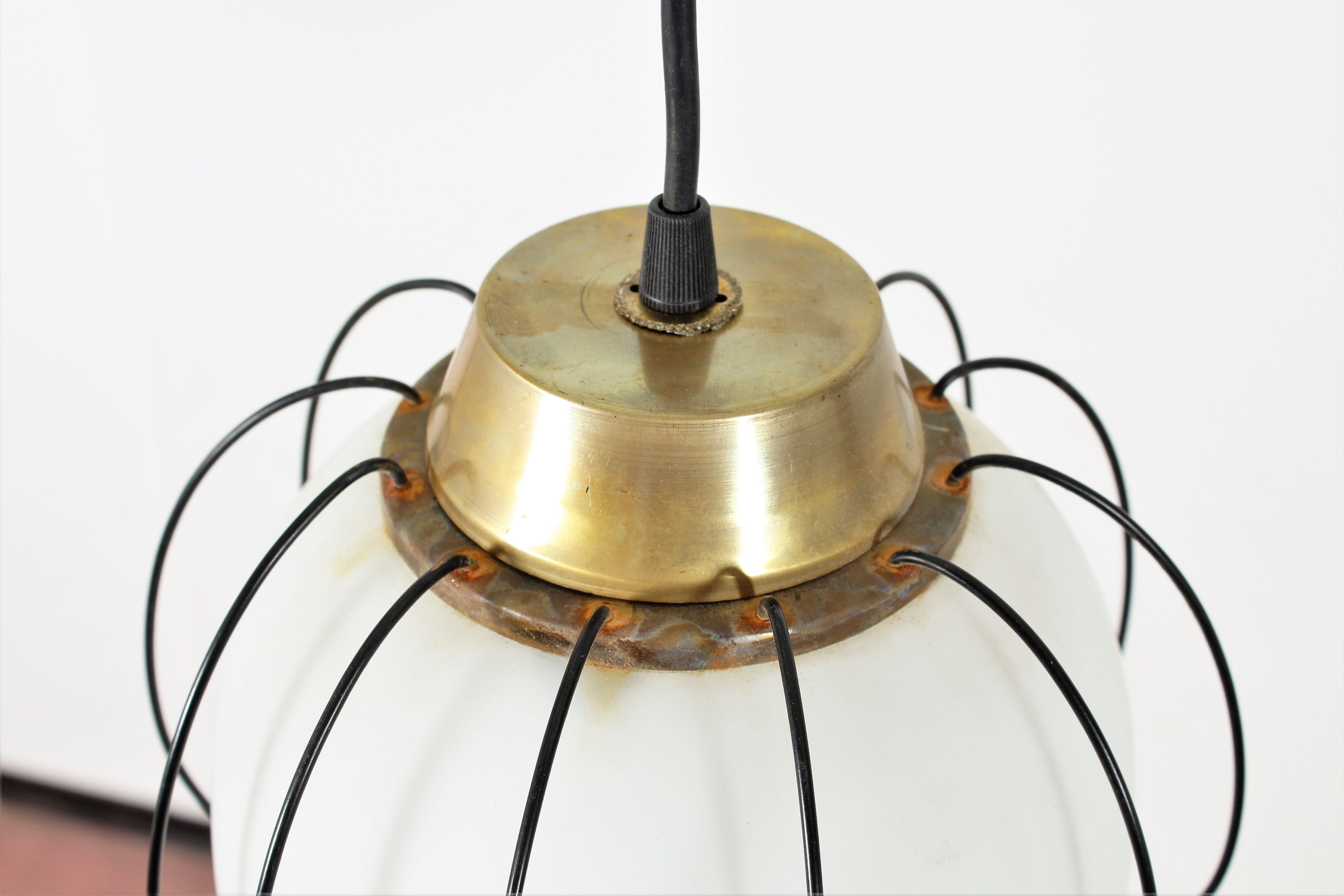 Angelo Lelii for Midcentury Brass and White Opaline Glass Chandelier 1960s Italy 2