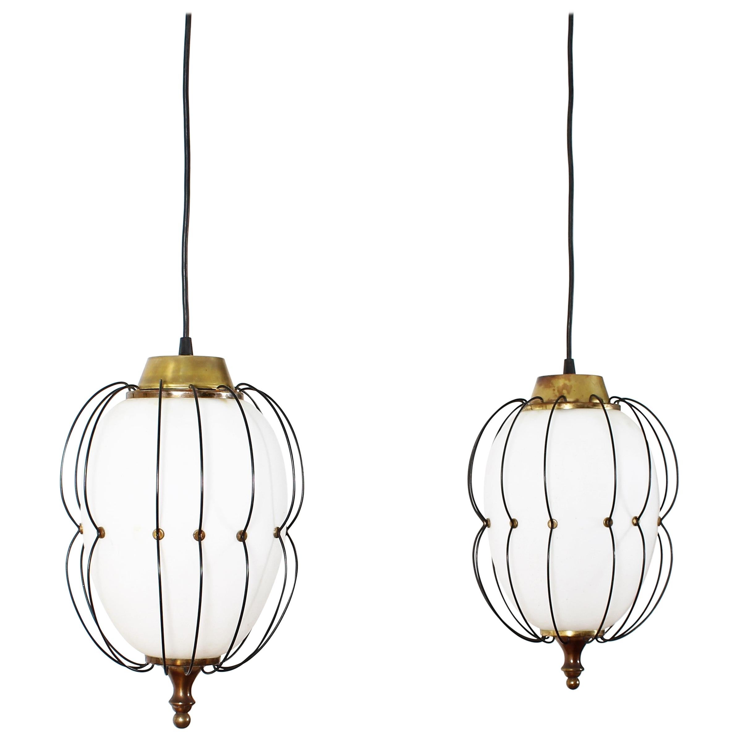 Angelo Lelii for Midcentury Brass and White Opaline Glass Chandelier 1960s Italy