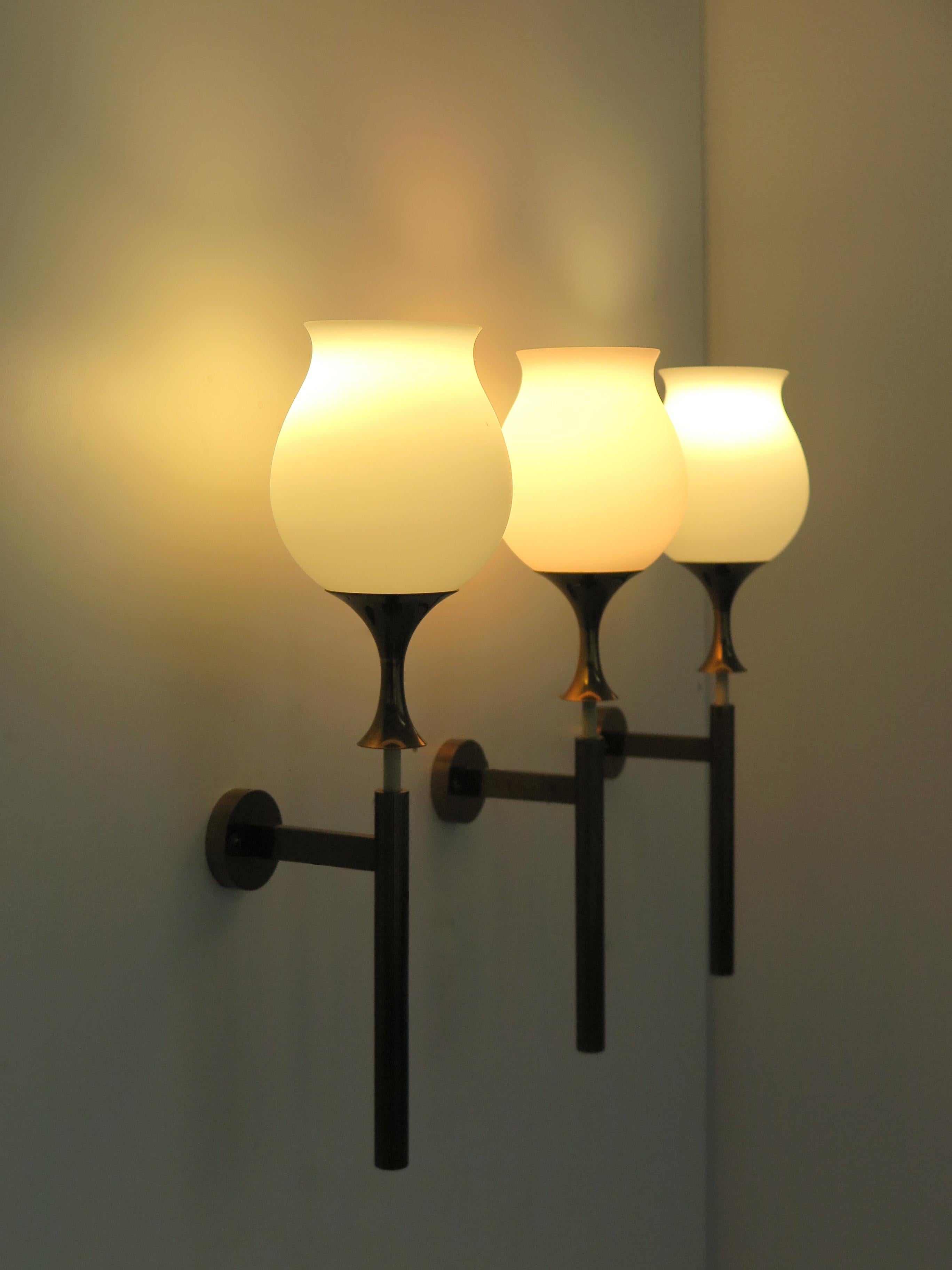Mid-Century Modern Angelo Lelii Italian Midcentury Glass Brass Sconces Wall Lamps Arredoluce 1950s For Sale