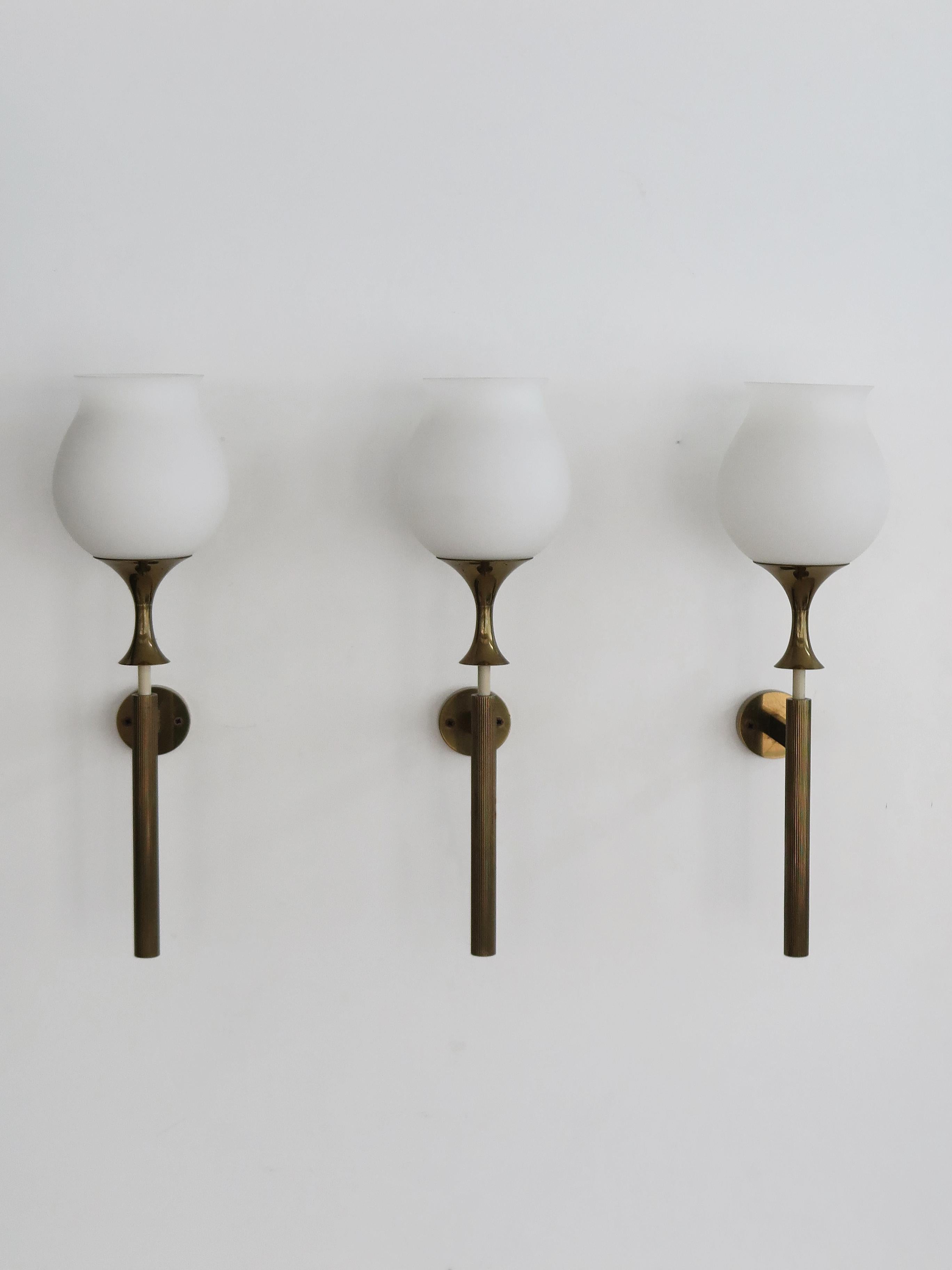Mid-20th Century Angelo Lelii Italian Midcentury Glass Brass Sconces Wall Lamps Arredoluce 1950s For Sale