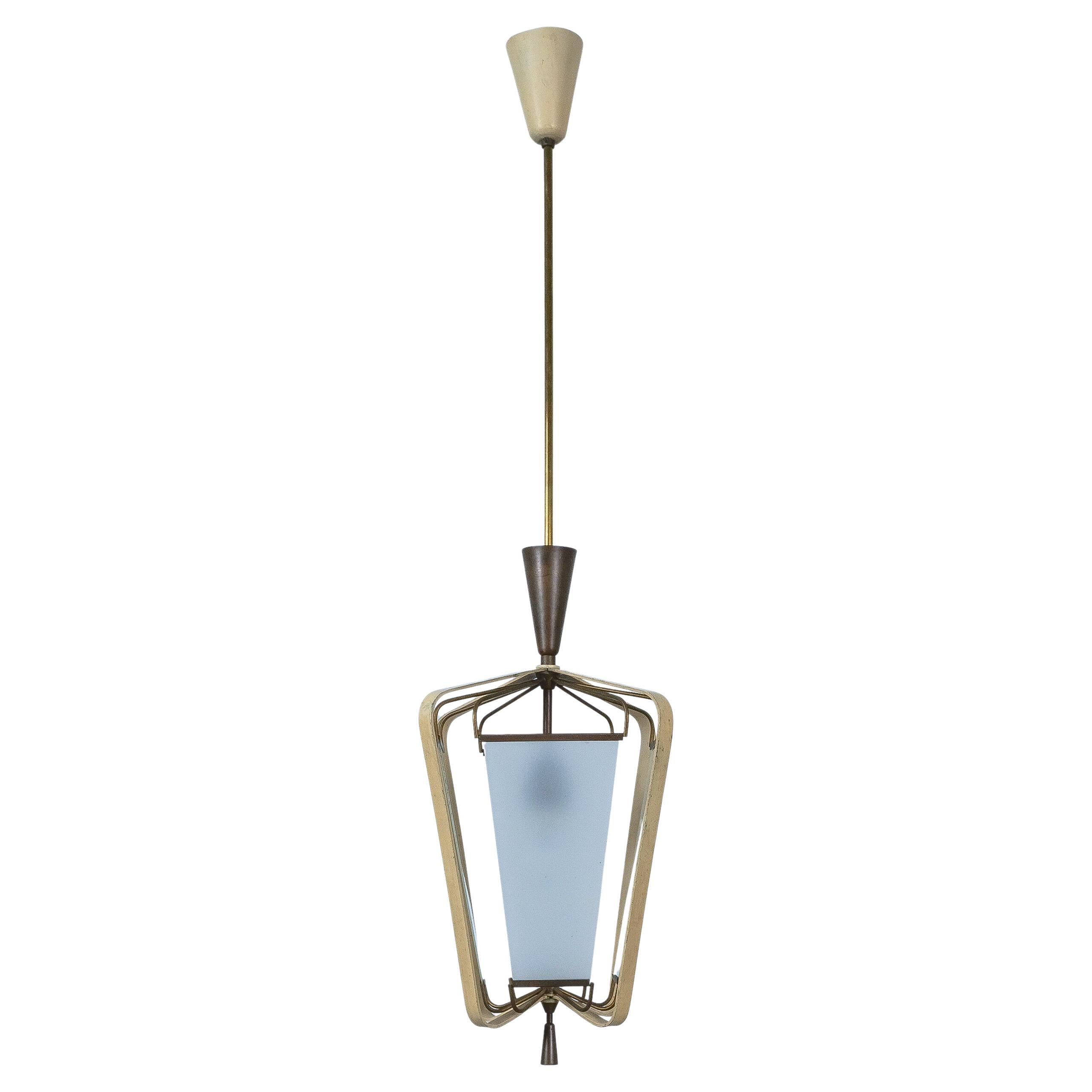 Angelo Lelii Lantern Pendant Light by Arredoluce, Brass Glass, 1959