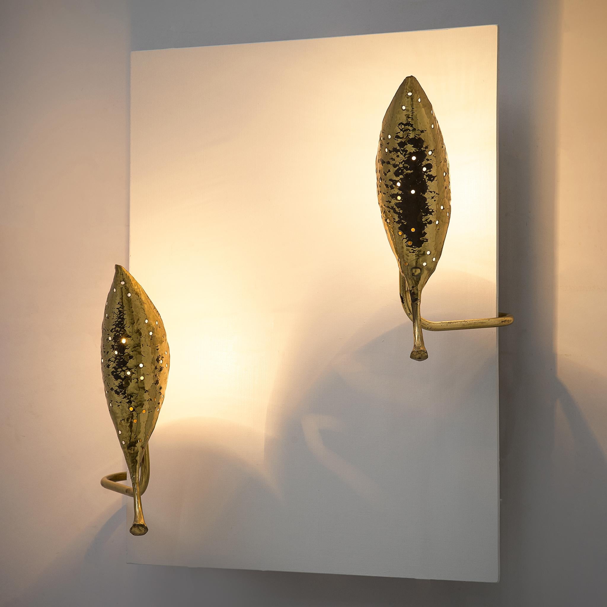 Mid-Century Modern Angelo Lelii ‘Leaf’ Wall Lamps in Hammered Brass
