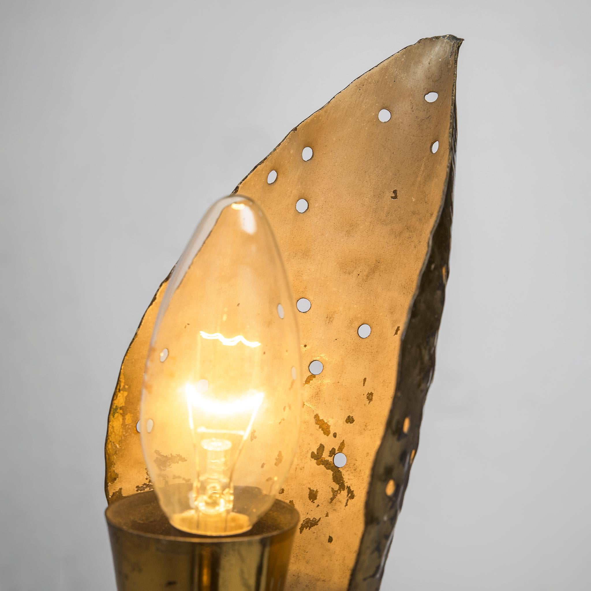 Italian Angelo Lelii ‘Leaf’ Wall Lamps in Hammered Brass