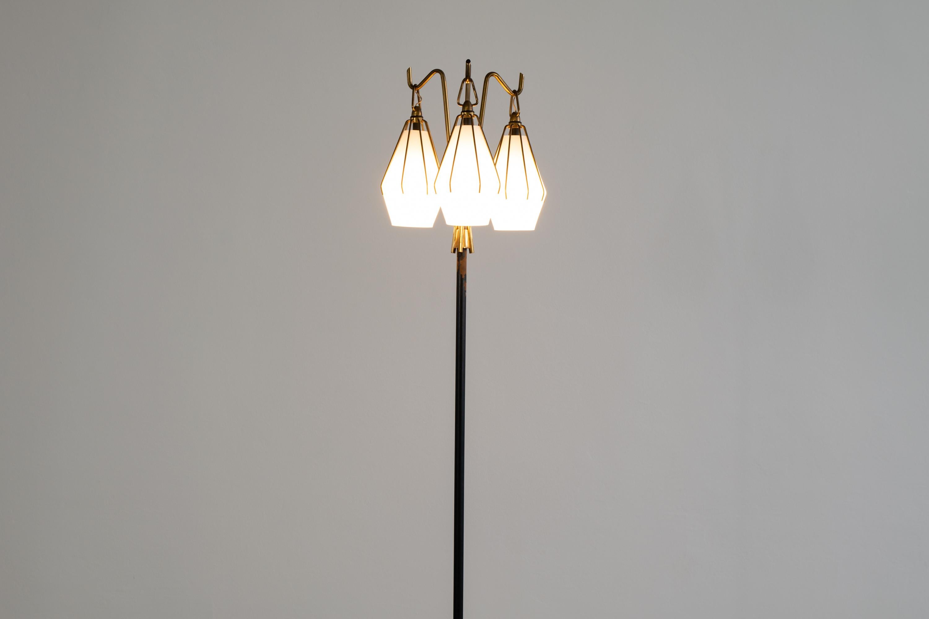 Italian Angelo Lelii Metallic Floor Lamp with Three Glass Elements Arredoluce, 1950