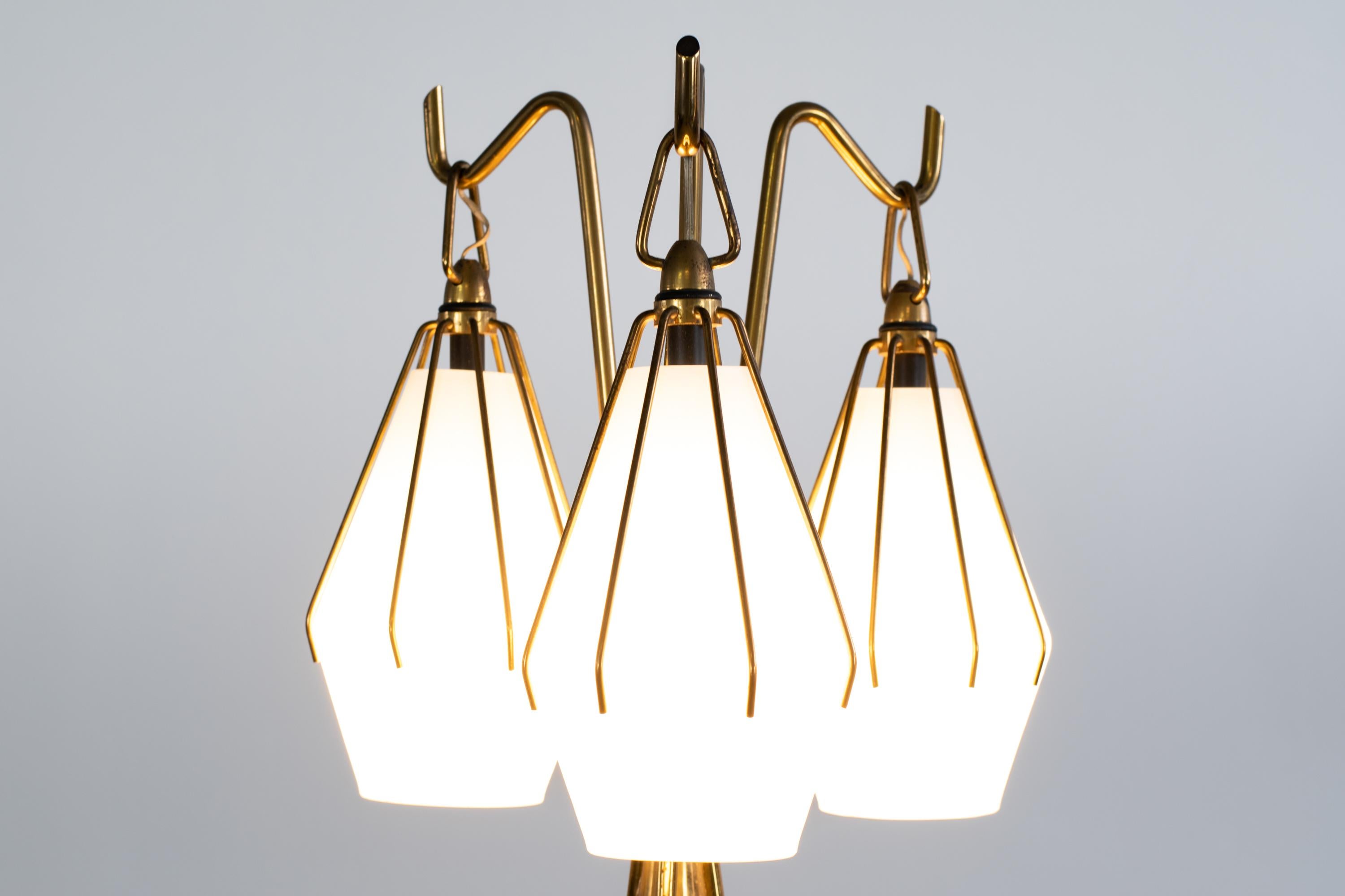 Brass Angelo Lelii Metallic Floor Lamp with Three Glass Elements Arredoluce, 1950