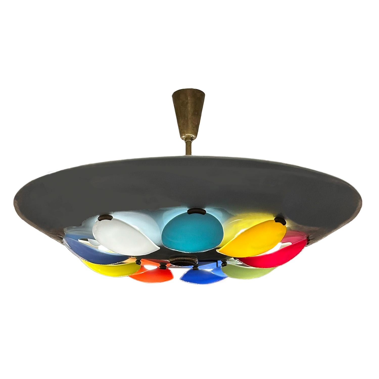Rare gray painted aluminum saucer shaped pendant light with colorful acrylic diffusers supported by a brass stem and canopy. Designed by Angelo Lelii for Arredoluce. Italy, 1955.