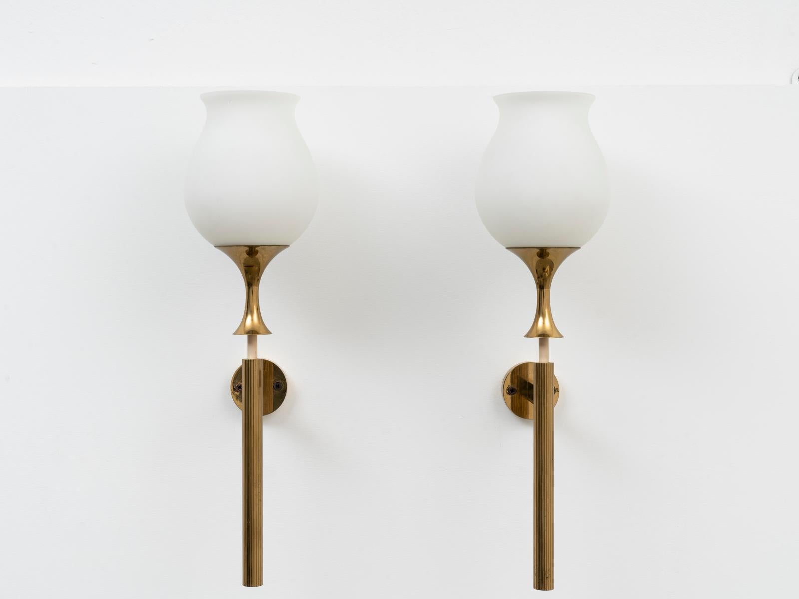 Mid-Century Modern Angelo Lelii Pair of Large Brass Opaline Midcentury Sconces for Arredoluce 1956 For Sale