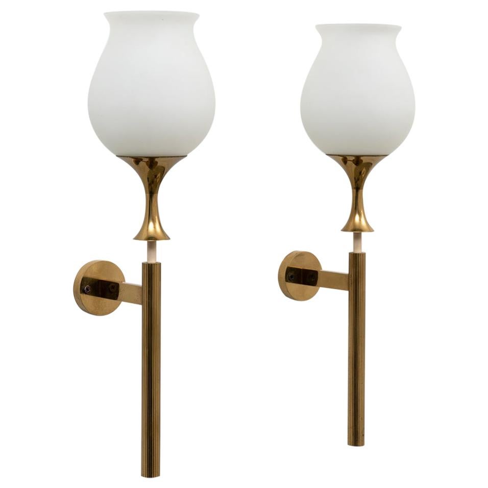 Angelo Lelii Pair of Large Brass Opaline Midcentury Sconces for Arredoluce 1956 For Sale