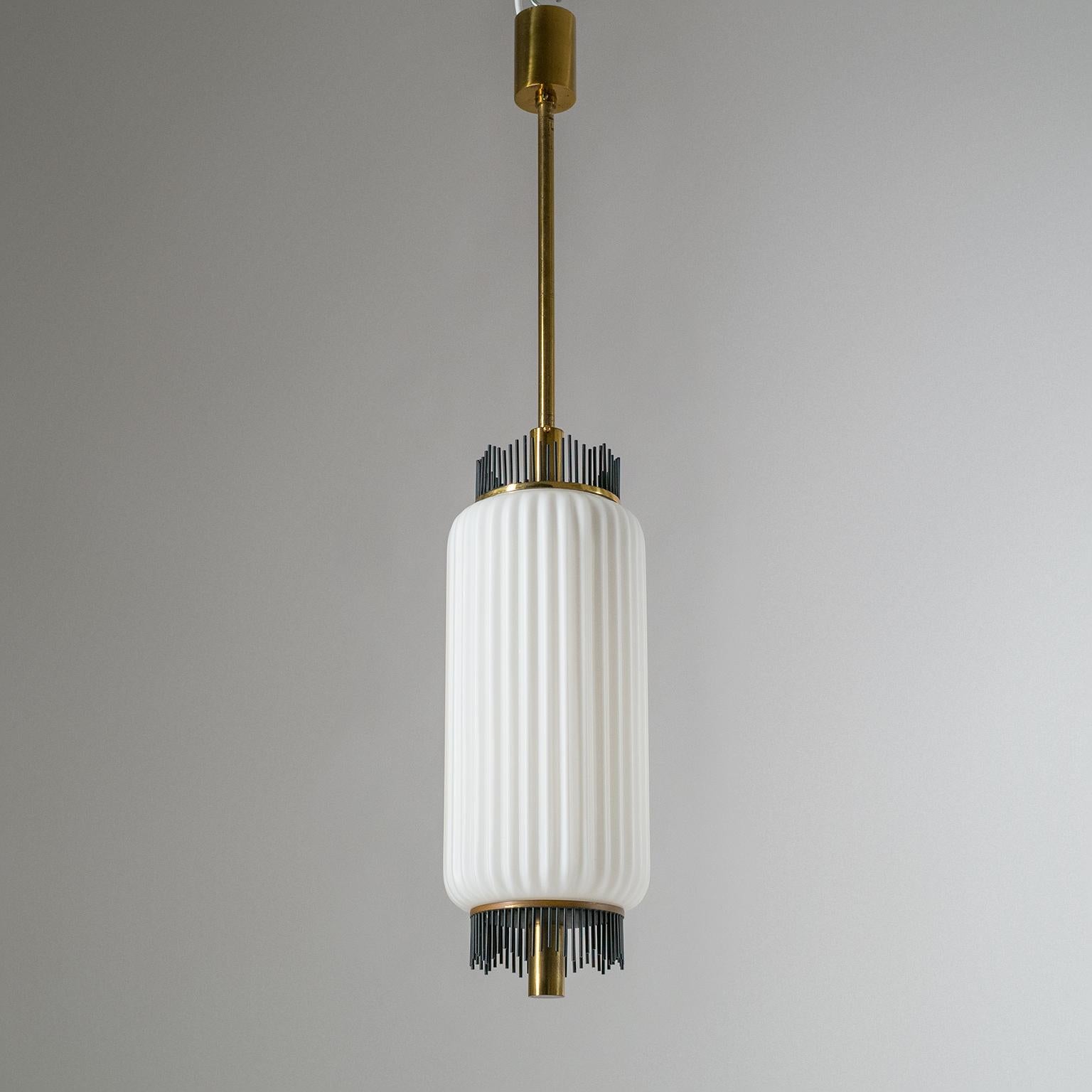 Angelo Lelii Pendant for Arredoluce, circa 1959, Brass and Ribbed Satin Glass 4