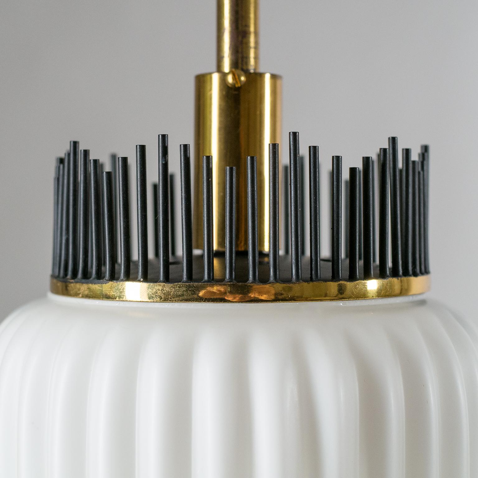 Italian Angelo Lelii Pendant for Arredoluce, circa 1959, Brass and Ribbed Satin Glass