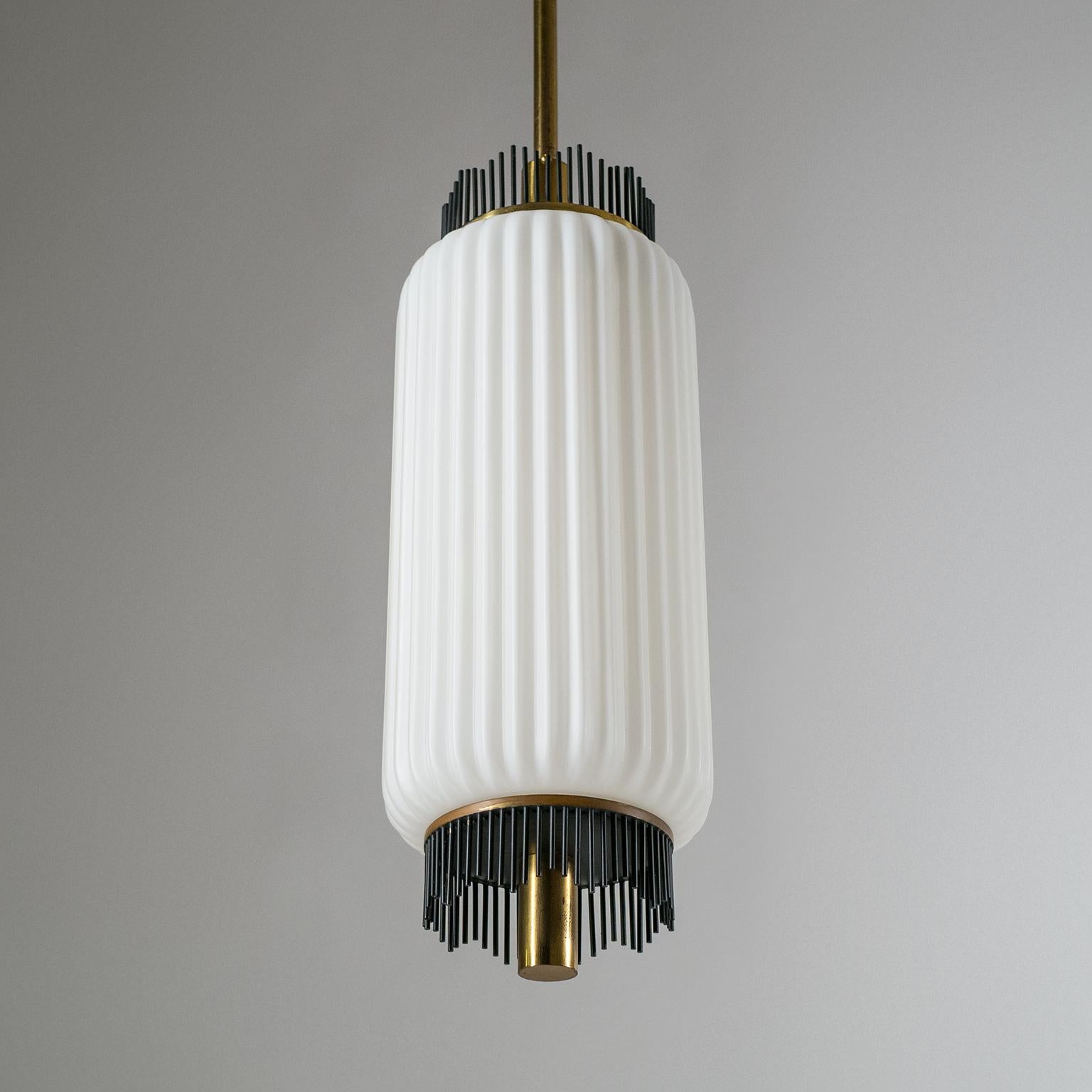 Angelo Lelii Pendant for Arredoluce, circa 1959, Brass and Ribbed Satin Glass 1