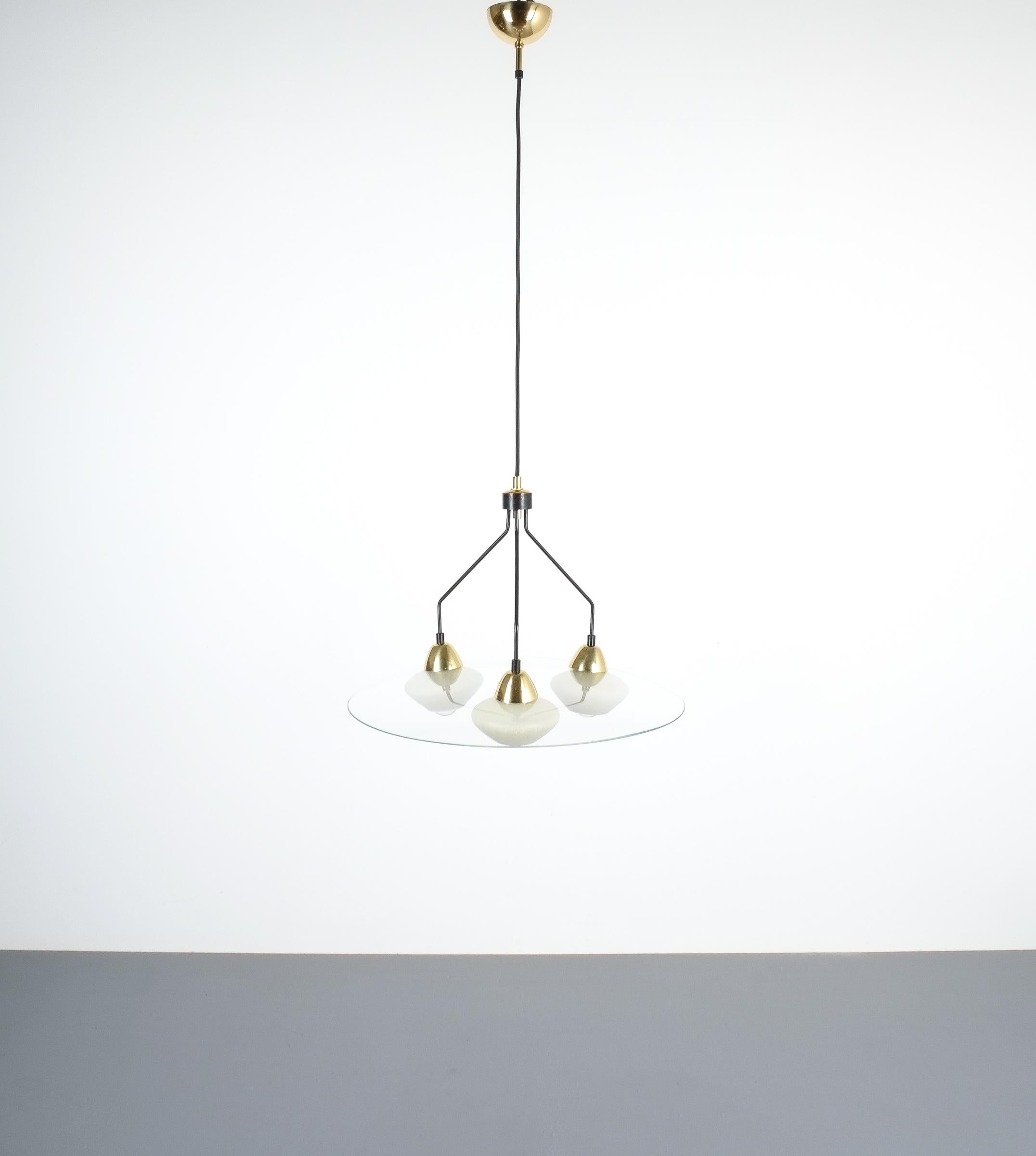 Mid-20th Century Angelo Lelii Style Ufo Chandelier Clear Glass Brass, Italy, circa 1955 For Sale