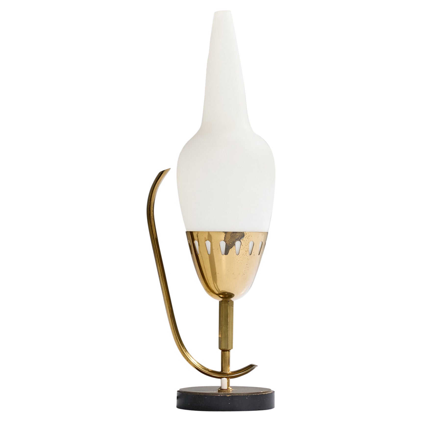 Angelo Lelii, lampe de table, laiton, métal, verre, Italie, années 1950