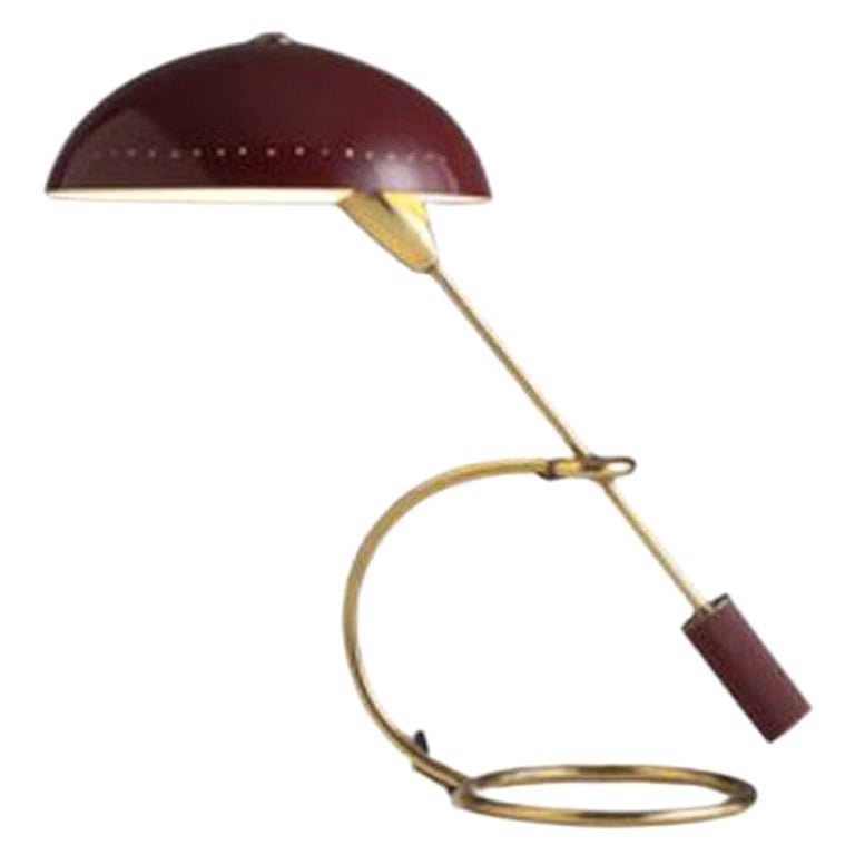 Lampada da tavolo Angelo Lelii in ottone e alluminio laccato rosso di Arredoluce 1950s in vendita