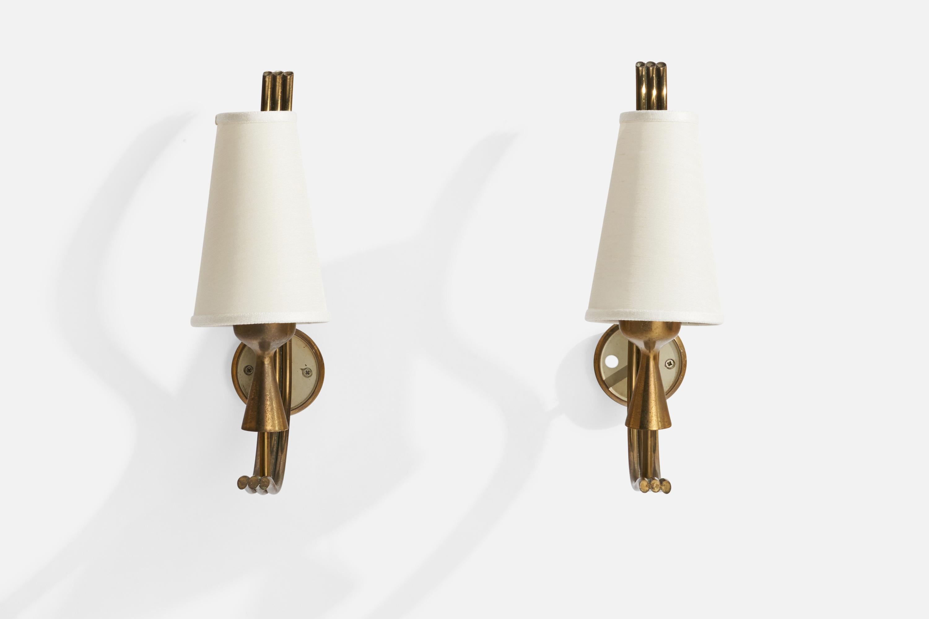 Mid-Century Modern Angelo Lelii, Wall Lights, Brass, Fabric, Italy, 1950s For Sale