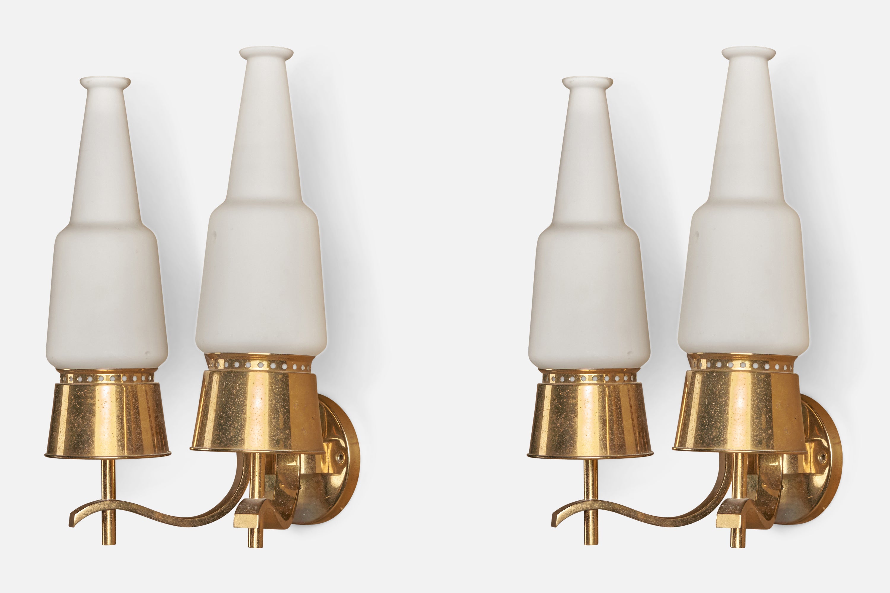 A pair of two armed brass and glass wall lights designed by Angelo Lelii and produced by Arredoluce, Monza, Italy, 1950s.

Overall Dimensions: 15.5
