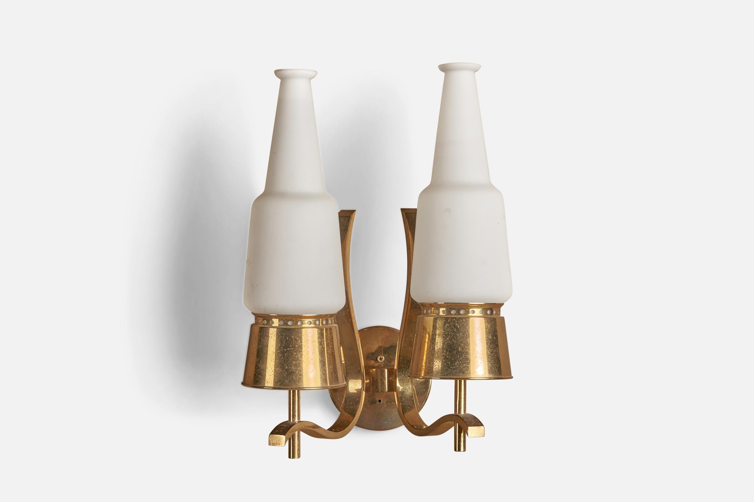 Mid-Century Modern Angelo Lelii, Wall Lights, Brass, Glass, Italy, 1950s For Sale