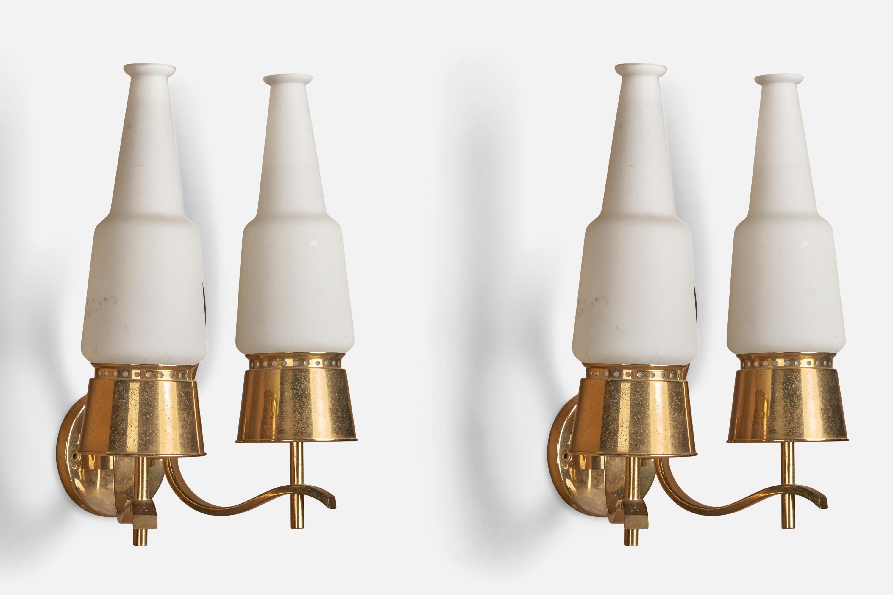 Italian Angelo Lelii, Wall Lights, Brass, Glass, Italy, 1950s For Sale