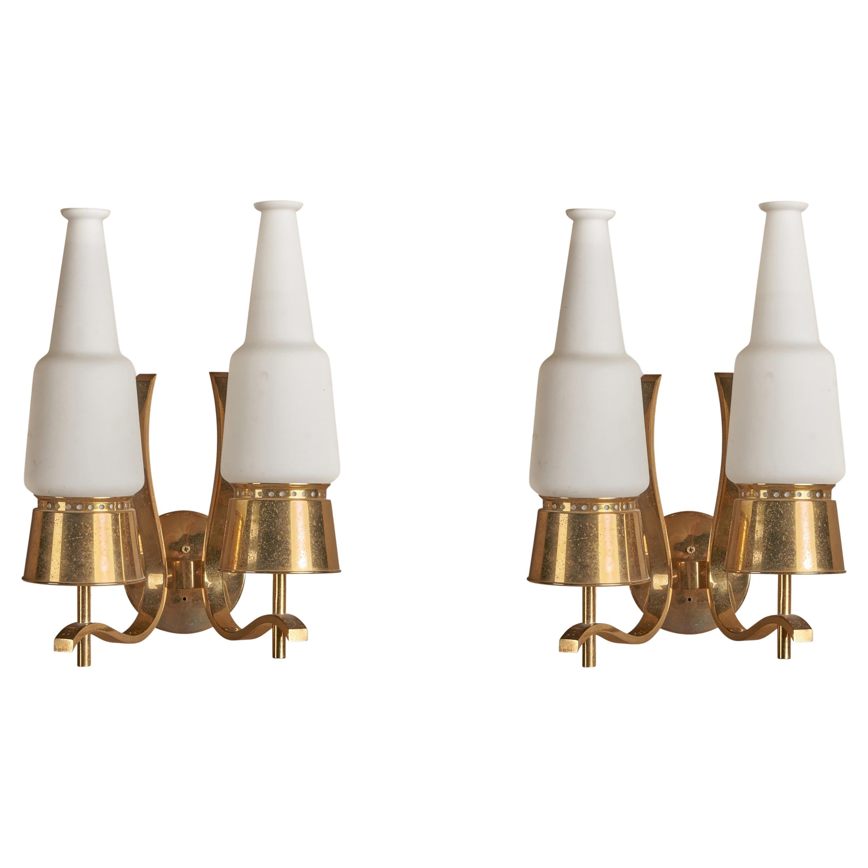 Angelo Lelii, Wall Lights, Brass, Glass, Italy, 1950s For Sale