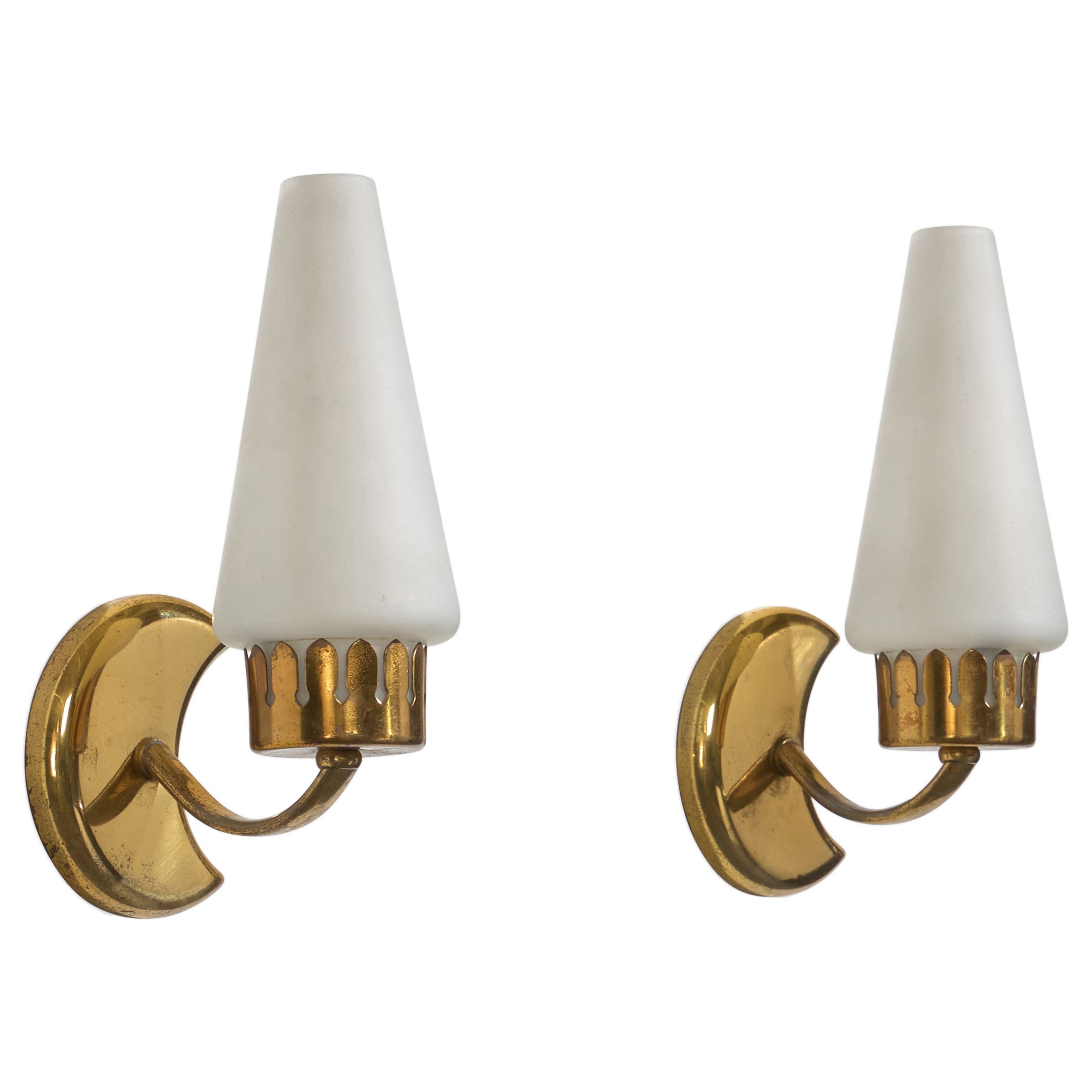 Angelo Lelii, Wall Lights, Glass, Brass, Italy, 1950s