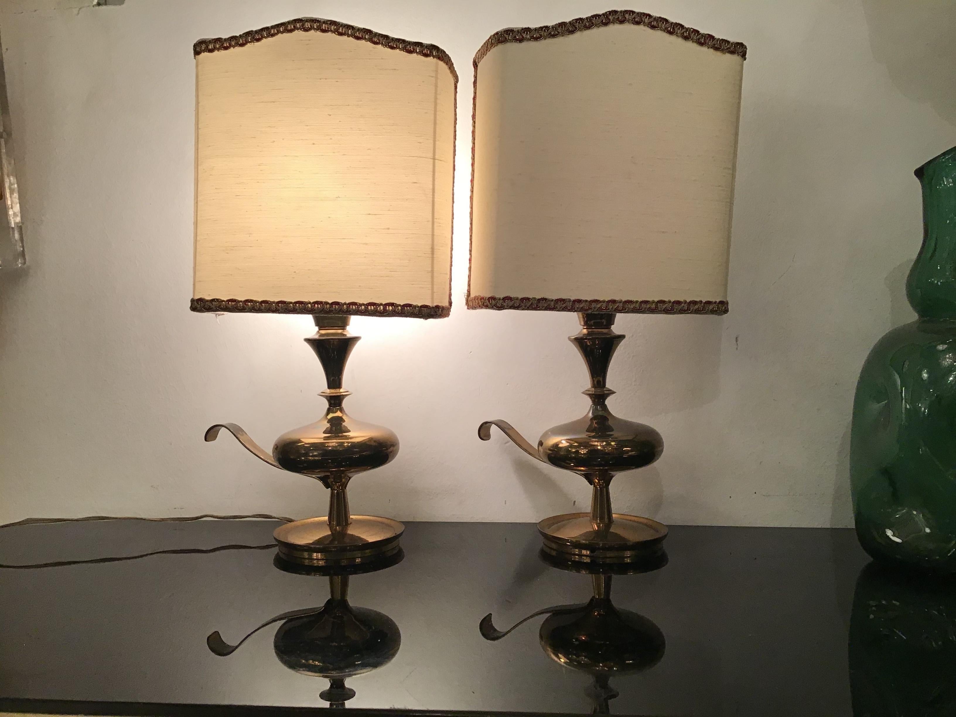 Angelo LeliiPair of Brass Table Lamps Fabric Lampshade 1950s Italy  For Sale 4