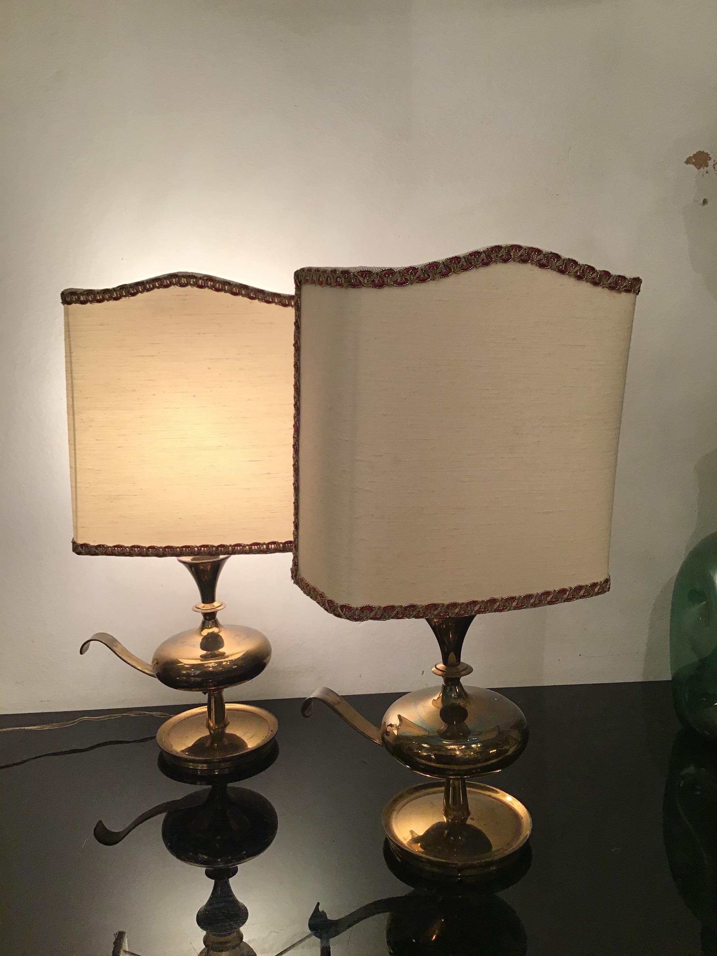 Angelo LeliiPair of Brass Table Lamps Fabric Lampshade 1950s Italy  For Sale 5