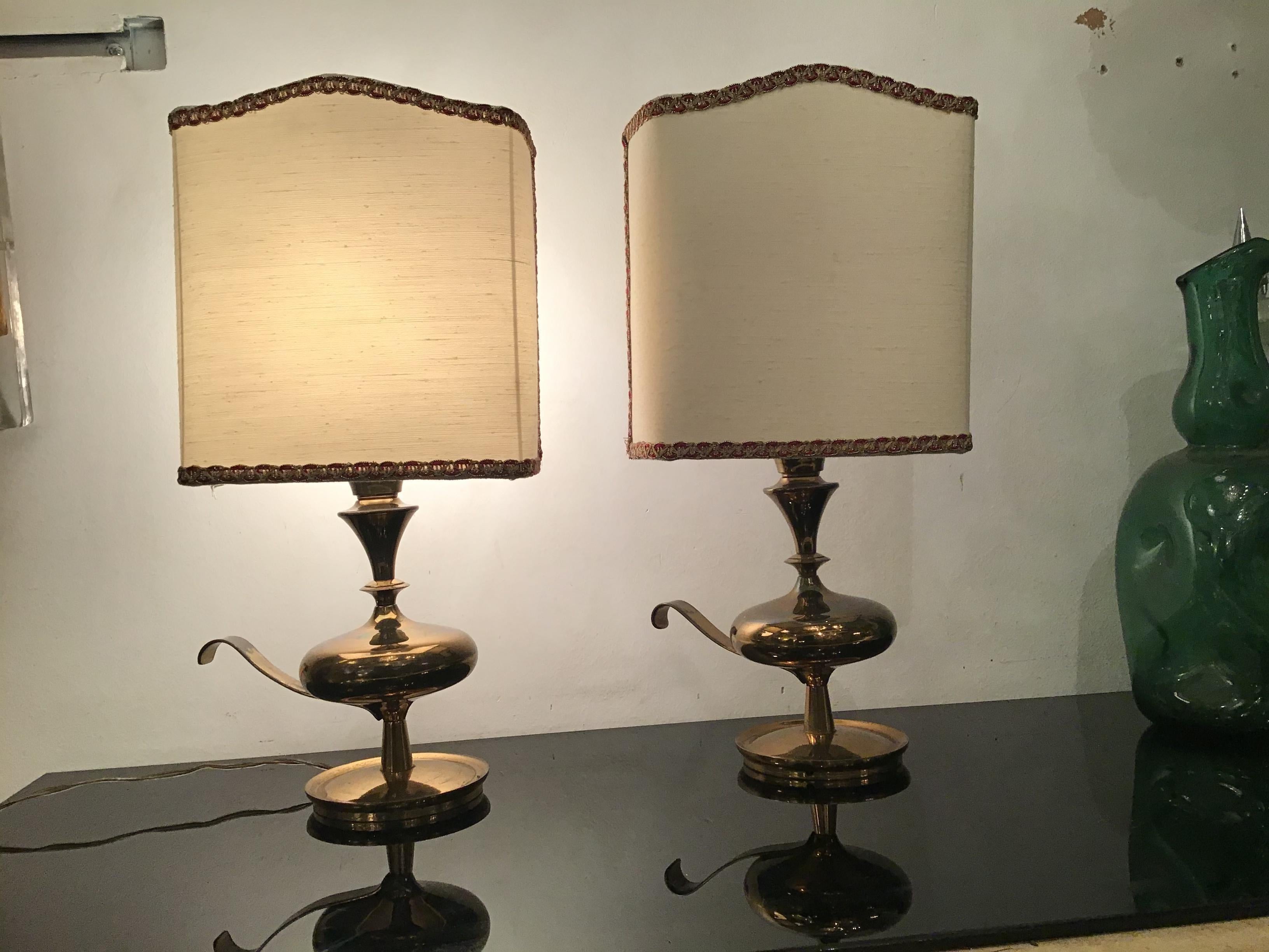 Angelo LeliiPair of Brass Table Lamps Fabric Lampshade 1950s Italy  For Sale 6