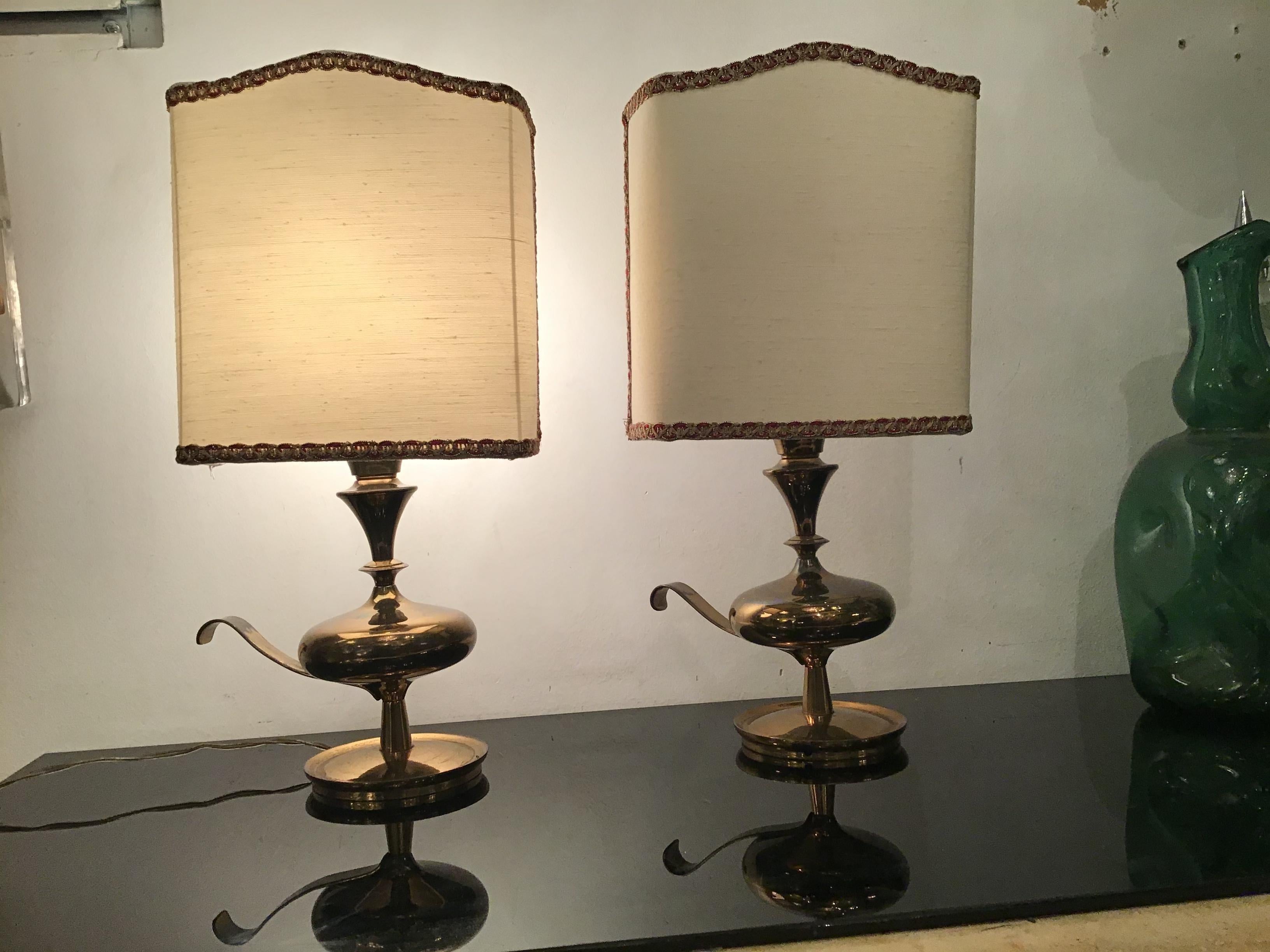 Angelo LeliiPair of Brass Table Lamps Fabric Lampshade 1950s Italy  For Sale 7