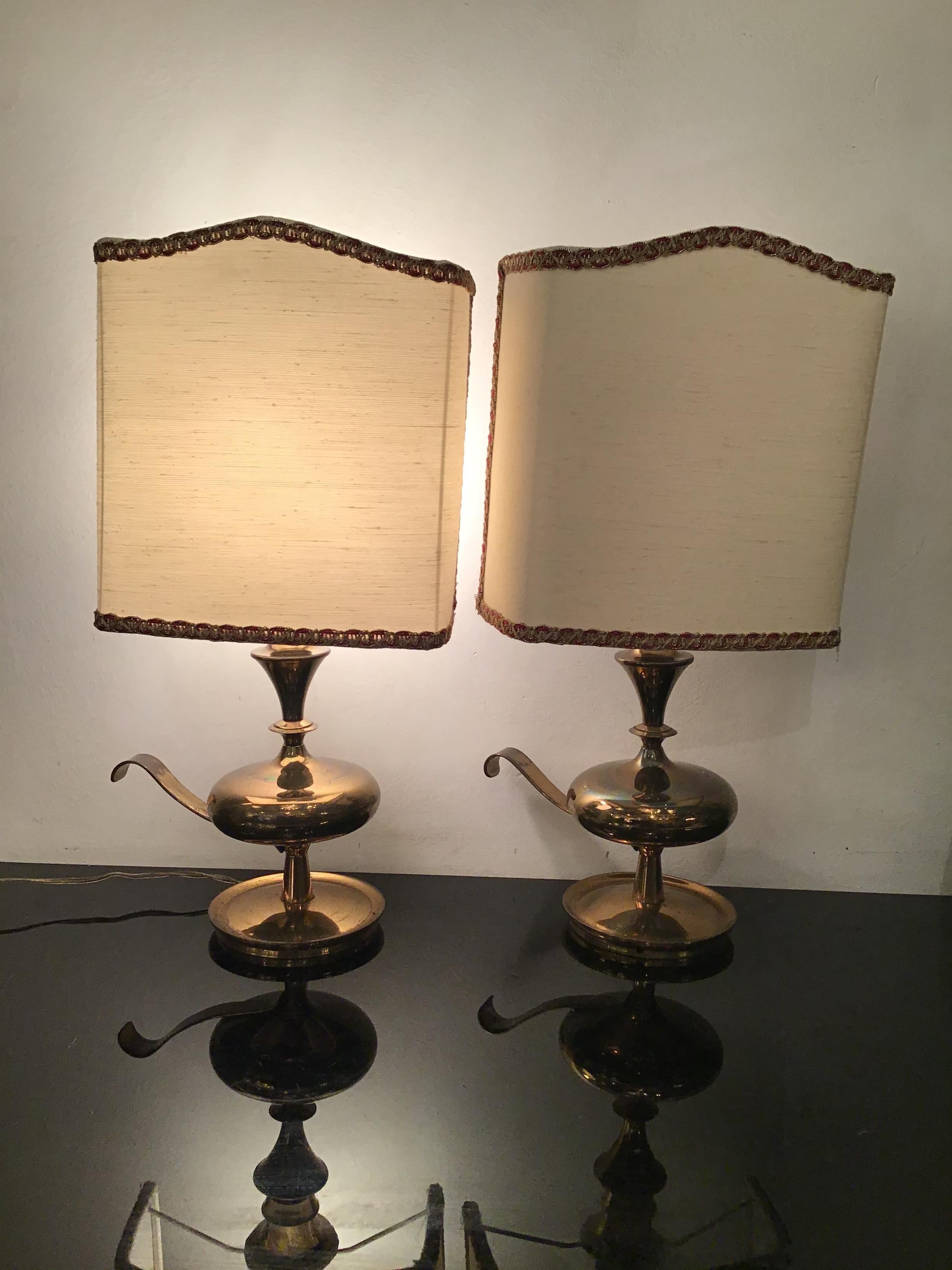 Angelo LeliiPair of Brass Table Lamps Fabric Lampshade 1950s Italy  For Sale 8