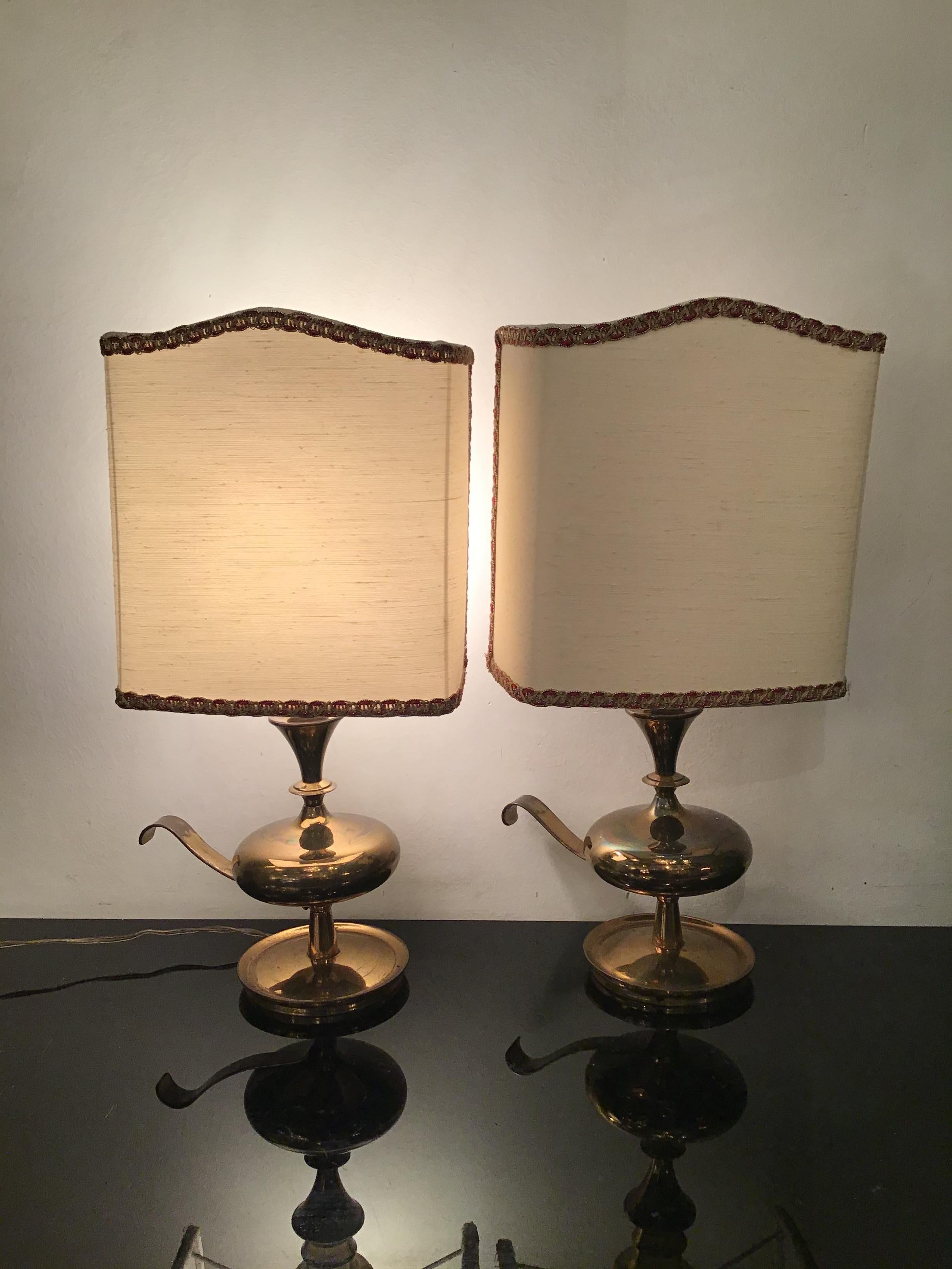 Angelo LeliiPair of Brass Table Lamps Fabric Lampshade 1950s Italy  For Sale 9