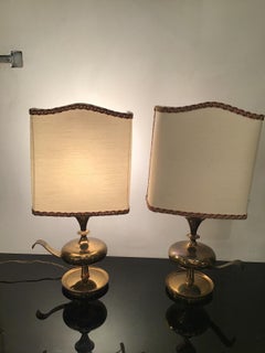 Angelo LeliiPair of Brass Table Lamps Fabric Lampshade 1950s Italy