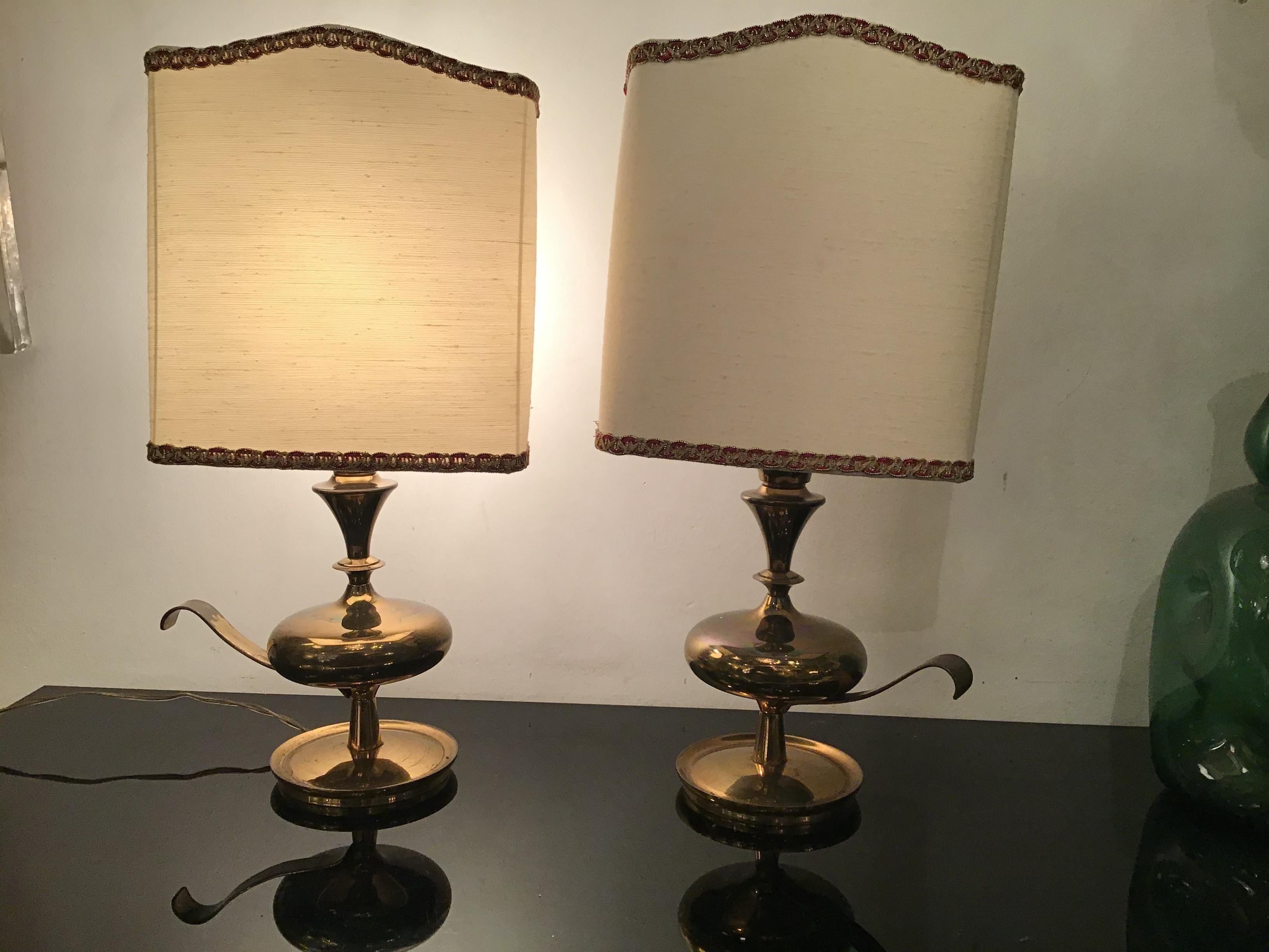 Italian Angelo LeliiPair of Brass Table Lamps Fabric Lampshade 1950s Italy  For Sale