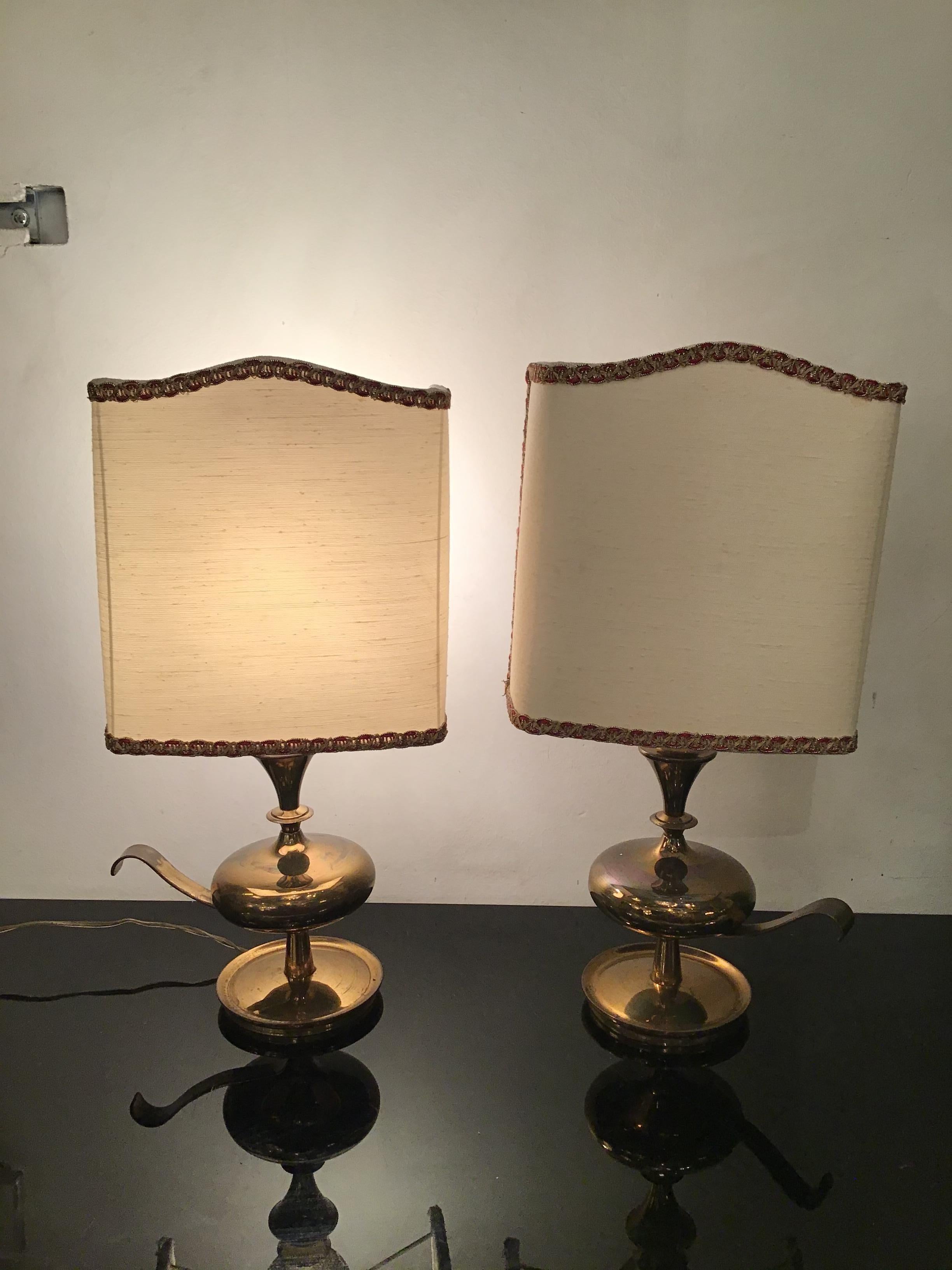 Angelo LeliiPair of Brass Table Lamps Fabric Lampshade 1950s Italy  In Excellent Condition For Sale In Milano, IT