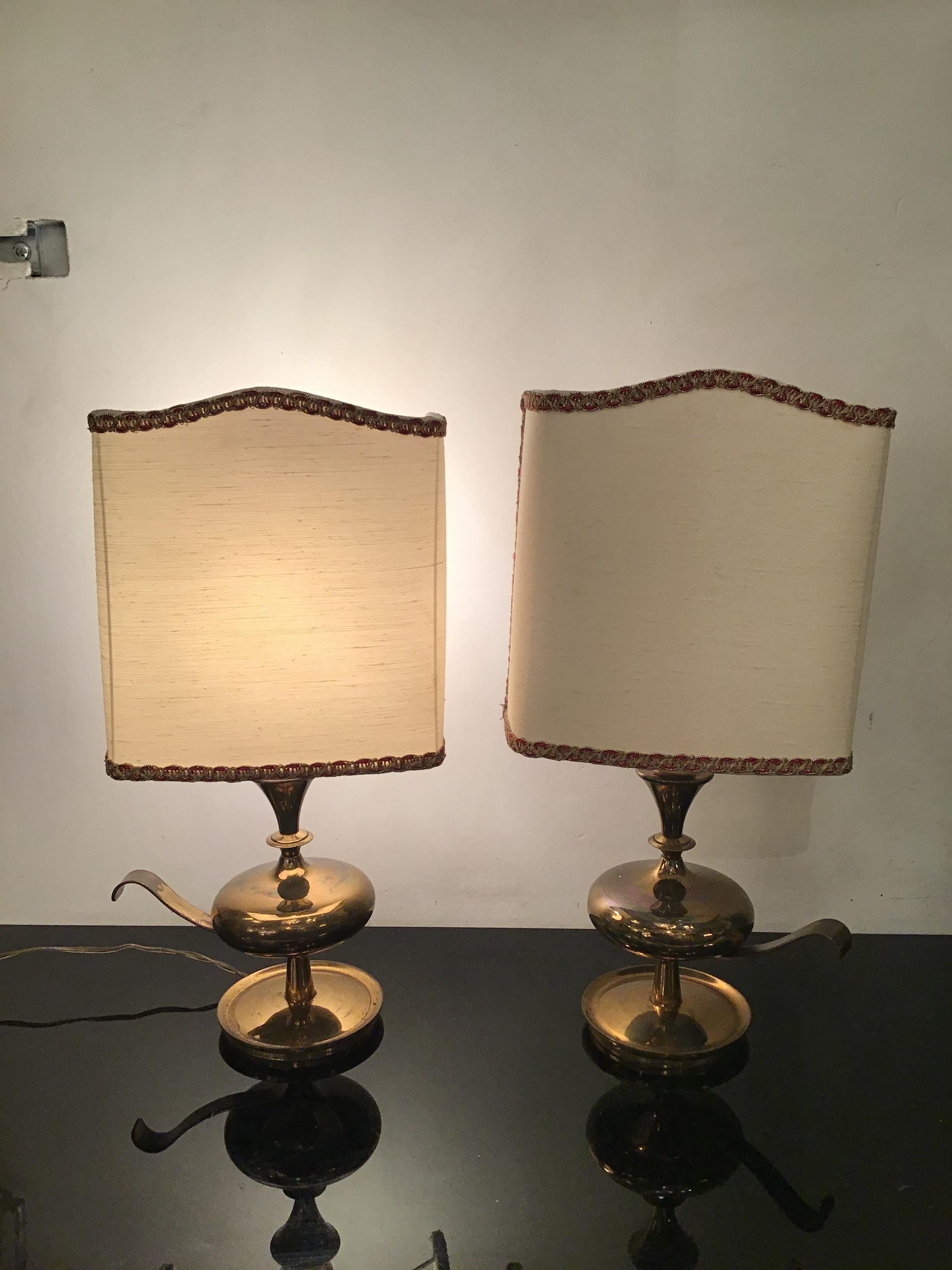 Mid-20th Century Angelo LeliiPair of Brass Table Lamps Fabric Lampshade 1950s Italy  For Sale