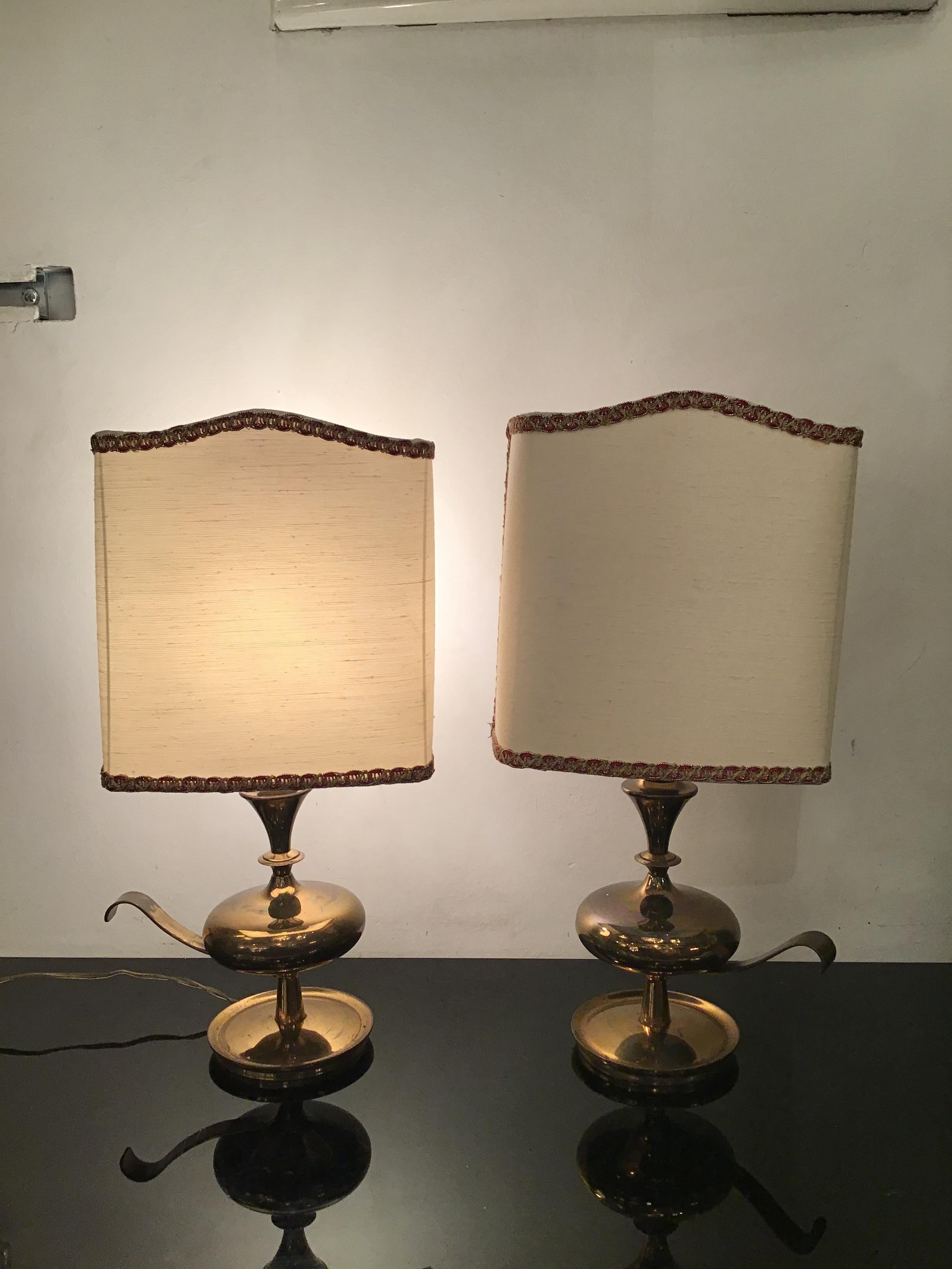 Angelo LeliiPair of Brass Table Lamps Fabric Lampshade 1950s Italy  For Sale 1