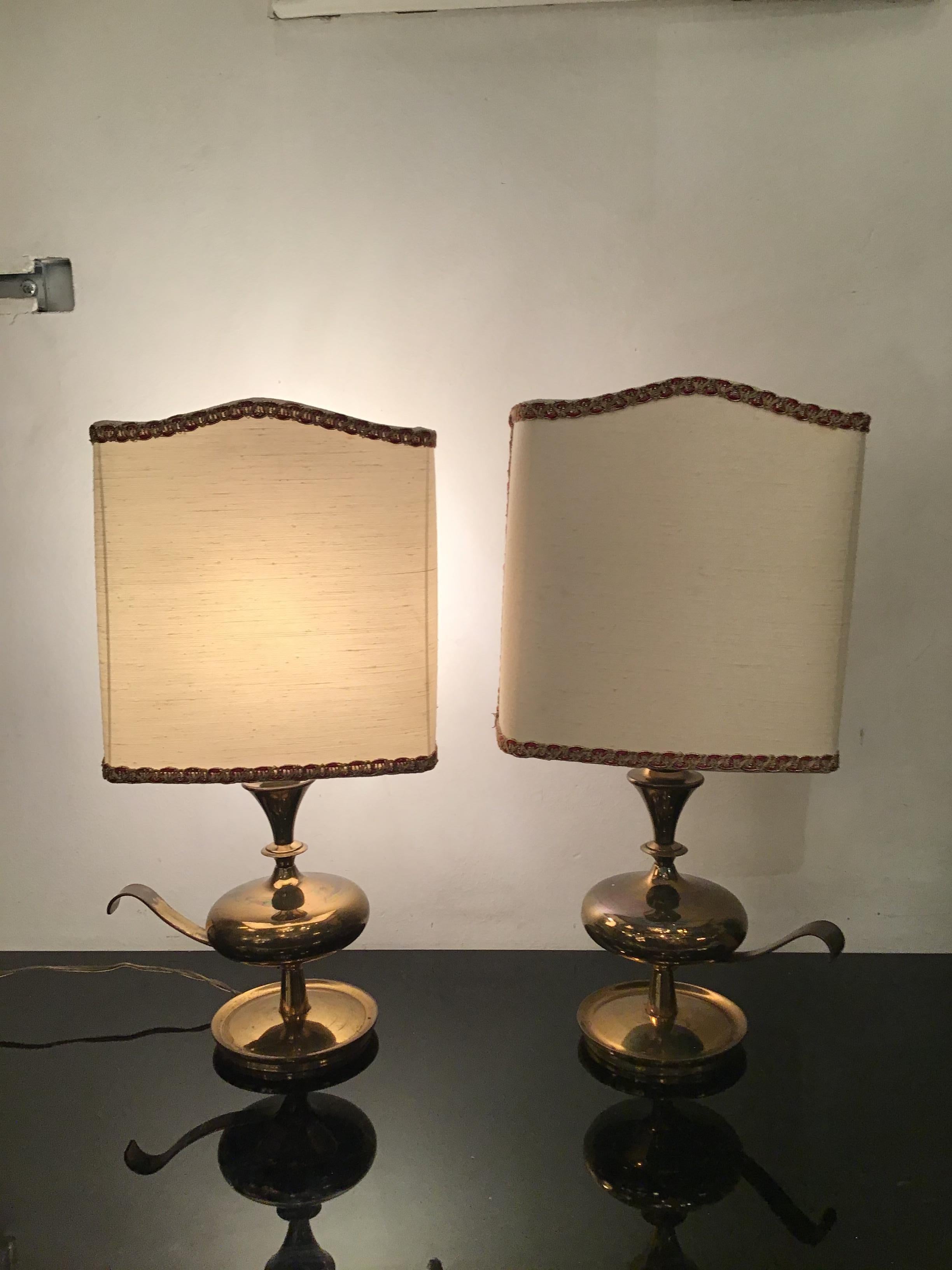 Angelo LeliiPair of Brass Table Lamps Fabric Lampshade 1950s Italy  For Sale 2