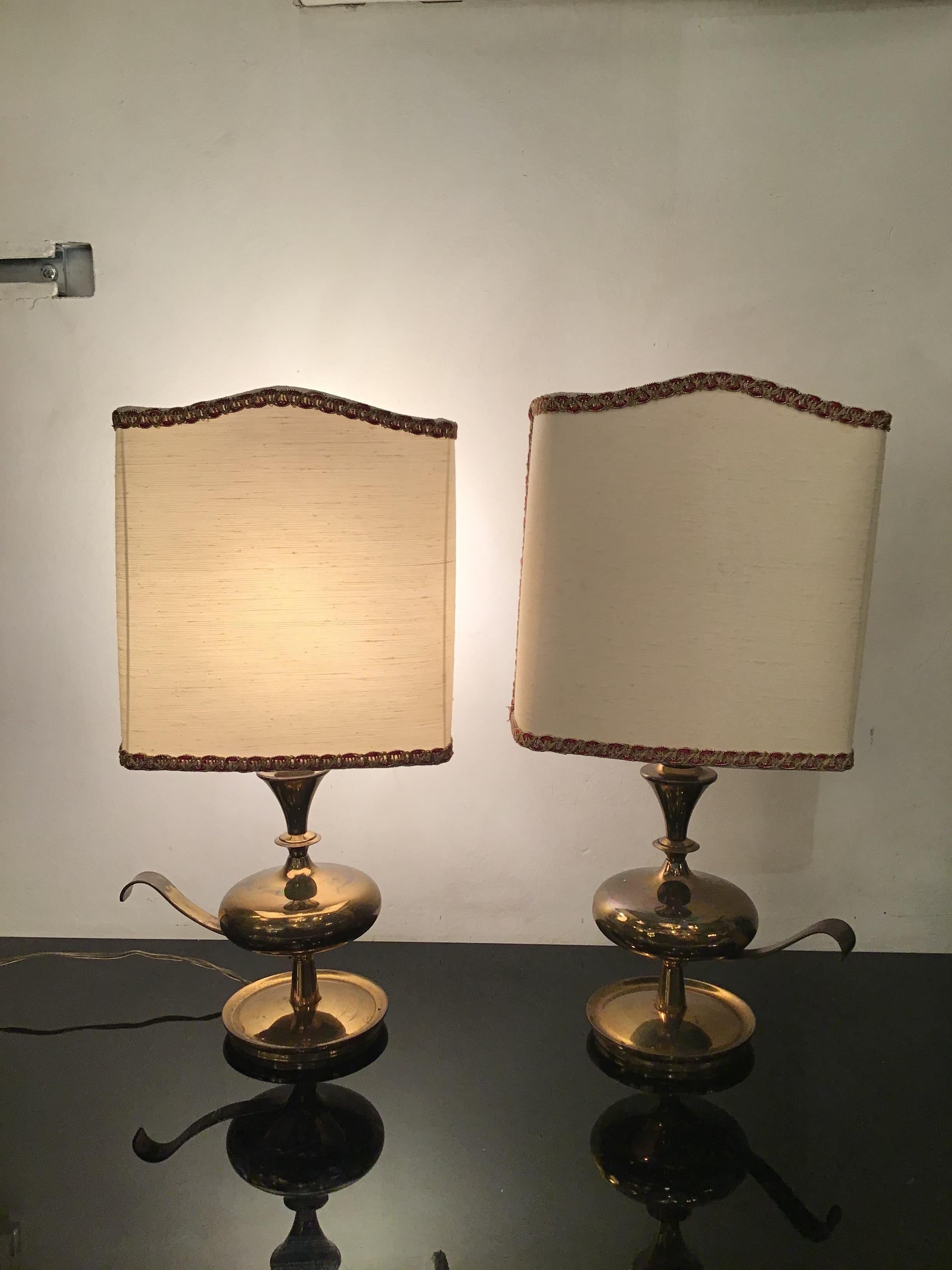Angelo LeliiPair of Brass Table Lamps Fabric Lampshade 1950s Italy  For Sale 3