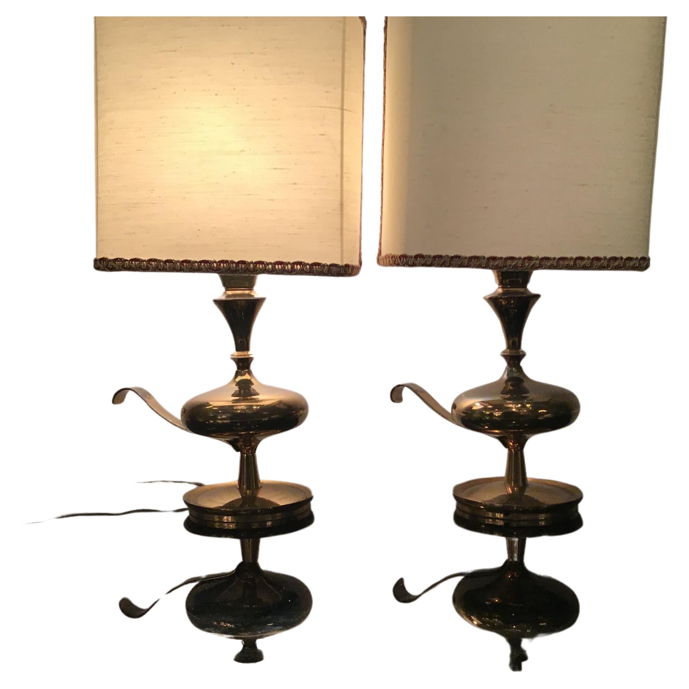 Angelo LeliiPair of Brass Table Lamps Fabric Lampshade 1950s Italy