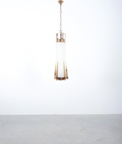 Große Opalglaslampe aus Messing, Angelo Lelli zugeschrieben, Italien, um 1950