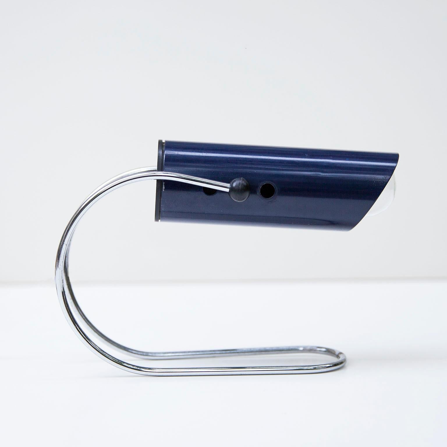Midcentury Angelo Lelli table desk lamp in blue metal and chrome base, Italy, 1950s.

 