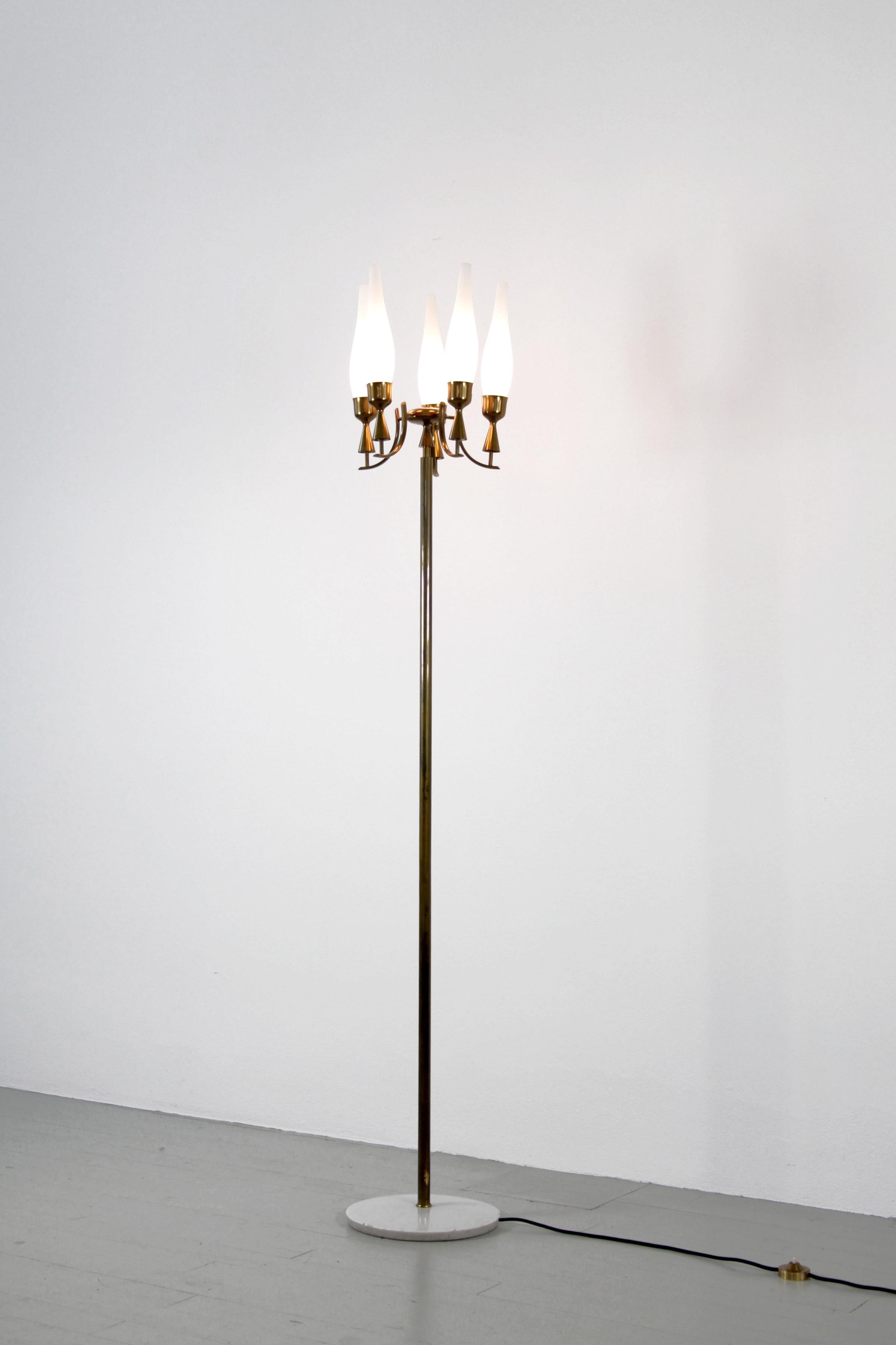 Angelo Lelli Floor Lamp Model 12635 - Manufactured by Arredoluce, Italy, 1950s. The brass lamp has a marble base and satinated glass shades. The floor light switch carries the engraving „Made in Italy Arredoluce Monza“.


