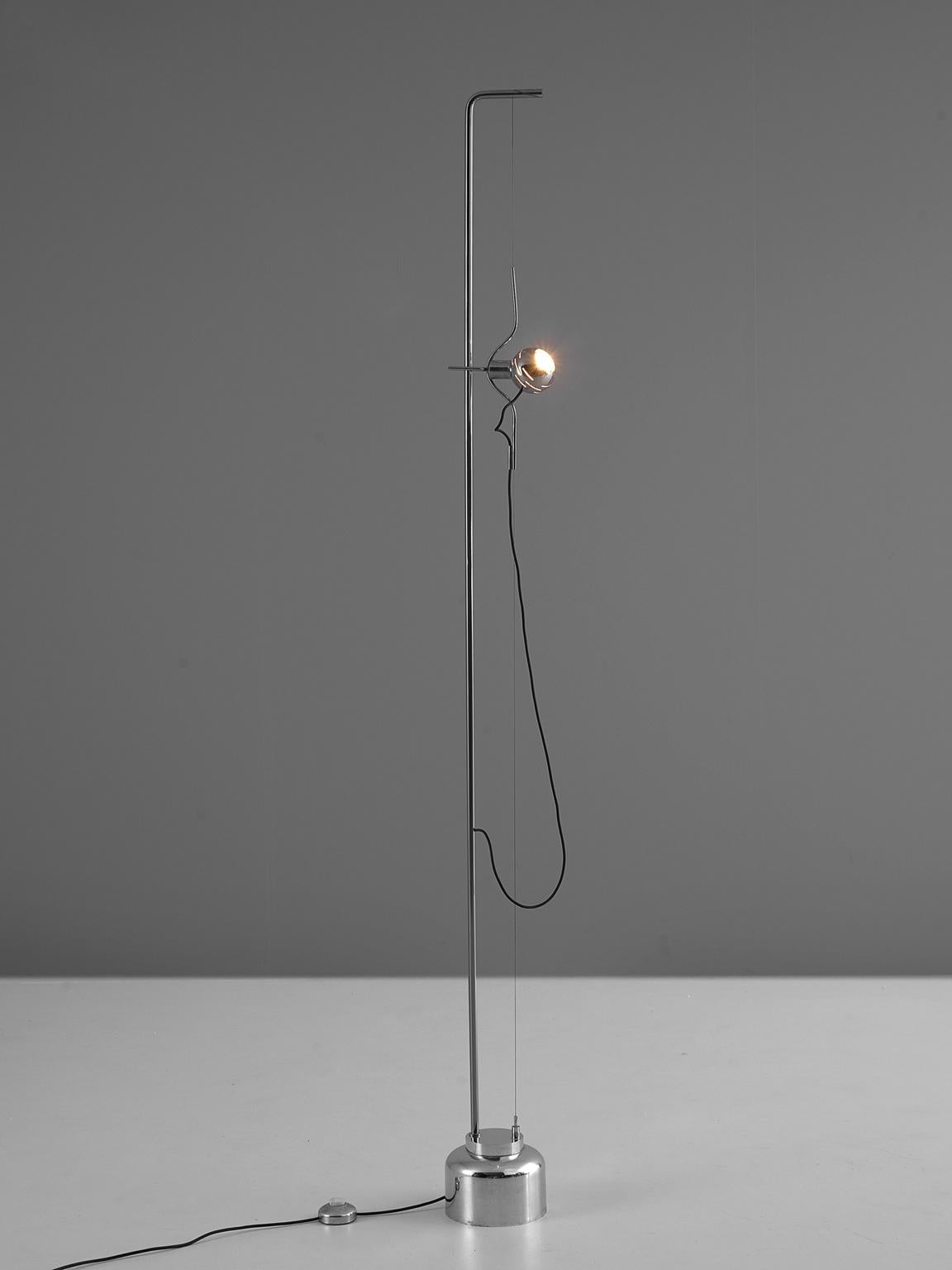 Angelo Lelli for Arredoluce, Filosfera floor lamp, chromium-plated metal, metal wire, painted metal. Italy, 1970s. 

This playful chrome and metal floor lamp comes has an adjustable chrome globe. This globe can slide up and down the wire. The lamp