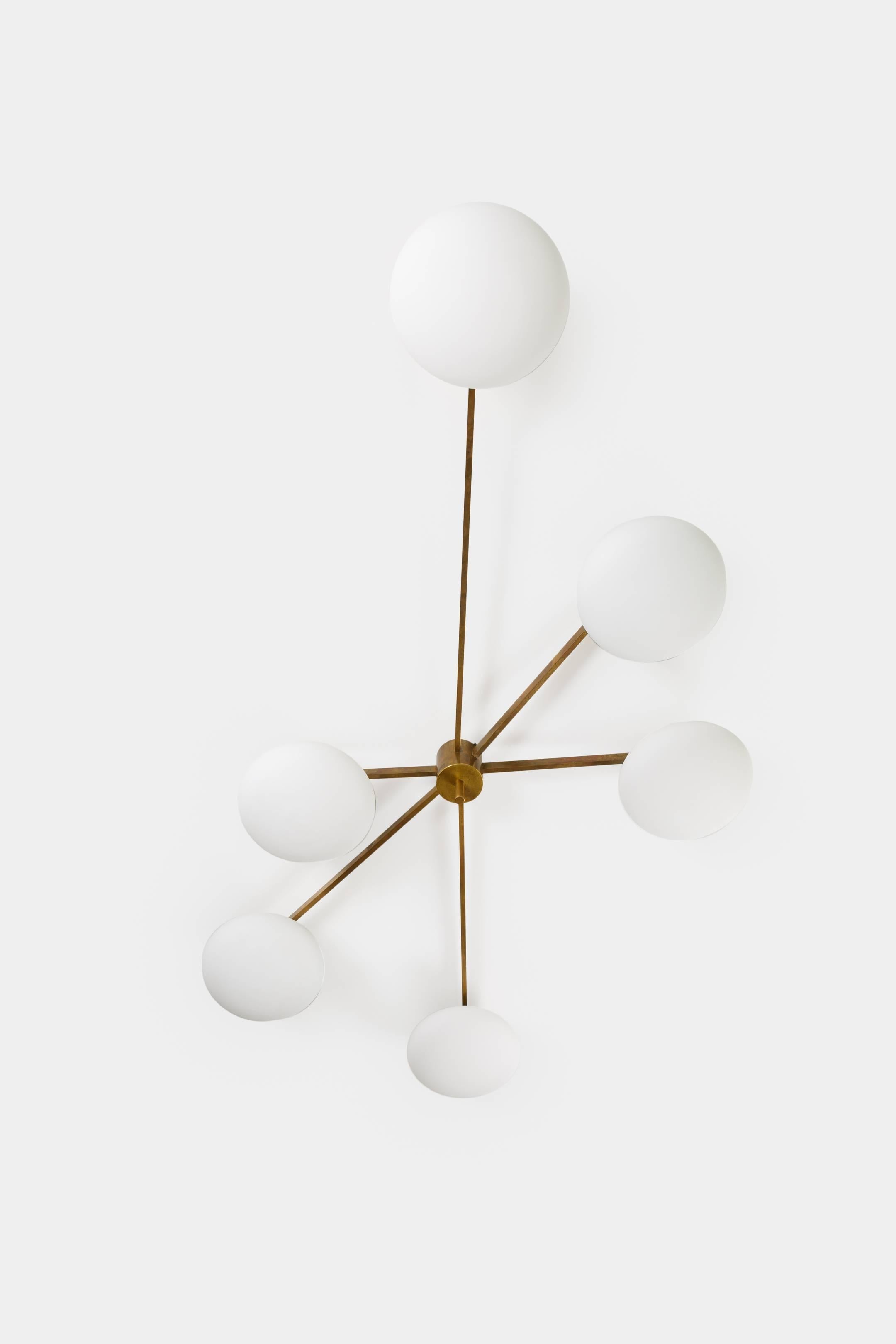 Large and striking Angelo Lelli for Arredoluce original 'Stella' flush mount ceiling light or chandelier with six opaline glass shades suspended from patinated brass structure with faceted radiating arms. Truly a design icon with clean architectural